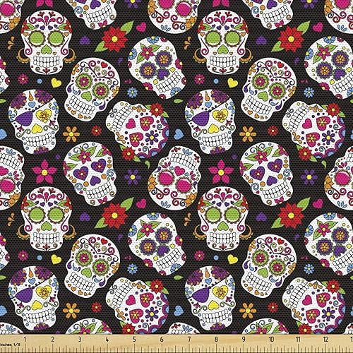 Ambesonne The Yard, Graveyard Mexico - Tela de calavera de azúcar sobre fondo negro, tela decorativa para tapicería y detalles del hogar, 1 yarda,
