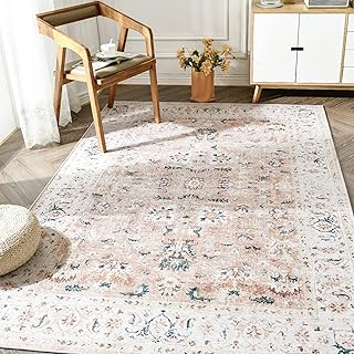 JINCHAN Area Rug 8x10 Persian Rug Vintage Floor Cover Foldable Thin Rug Indoor Retro Blush Pink Floral Print Distressed Ca...