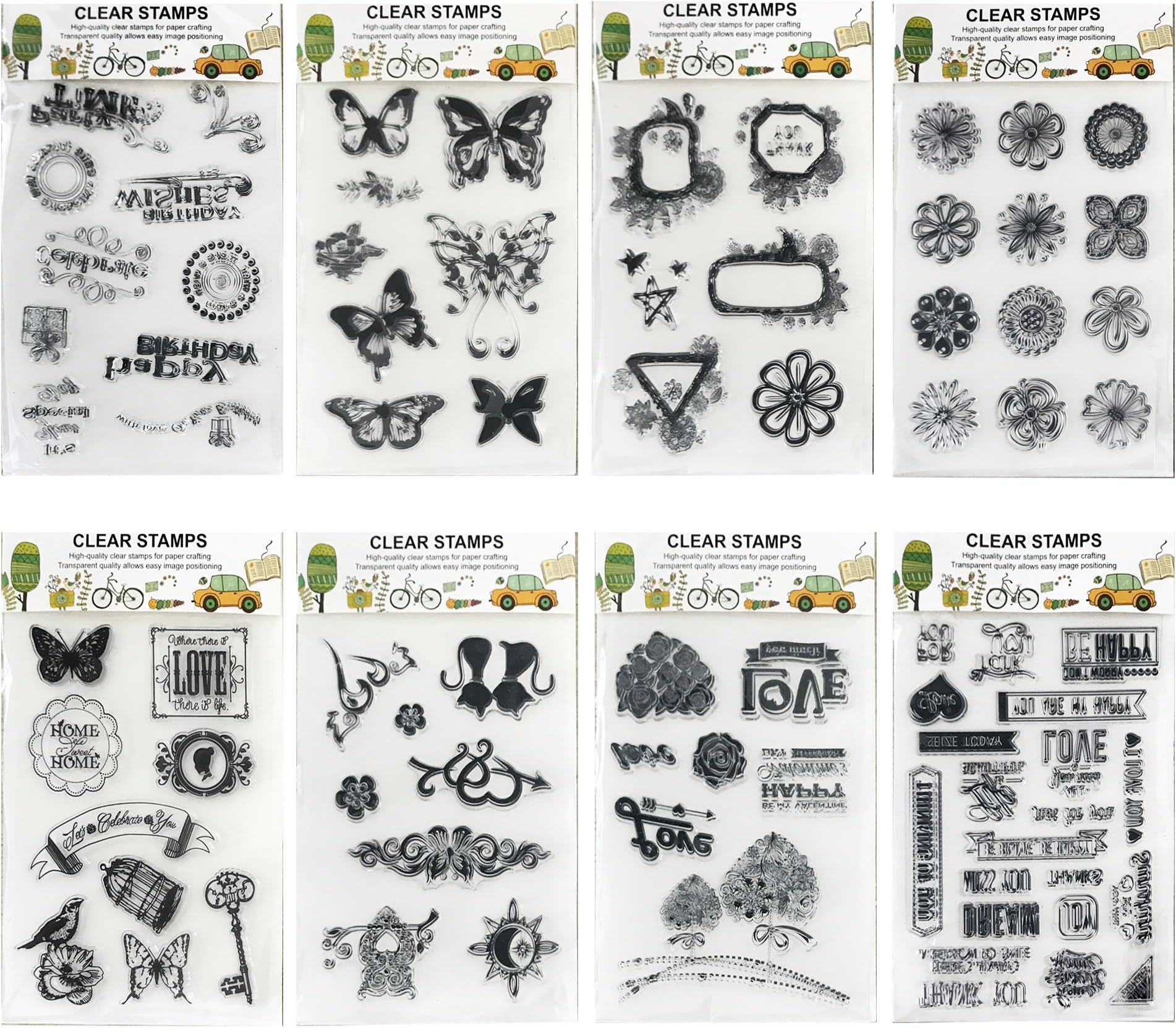 8 Sheets Mix Theme Silicone Transparent Clear Stamps Butterfly Flower Love Heart Friendly Phrases Stamps for Card Making Decoration and Scrapbooking