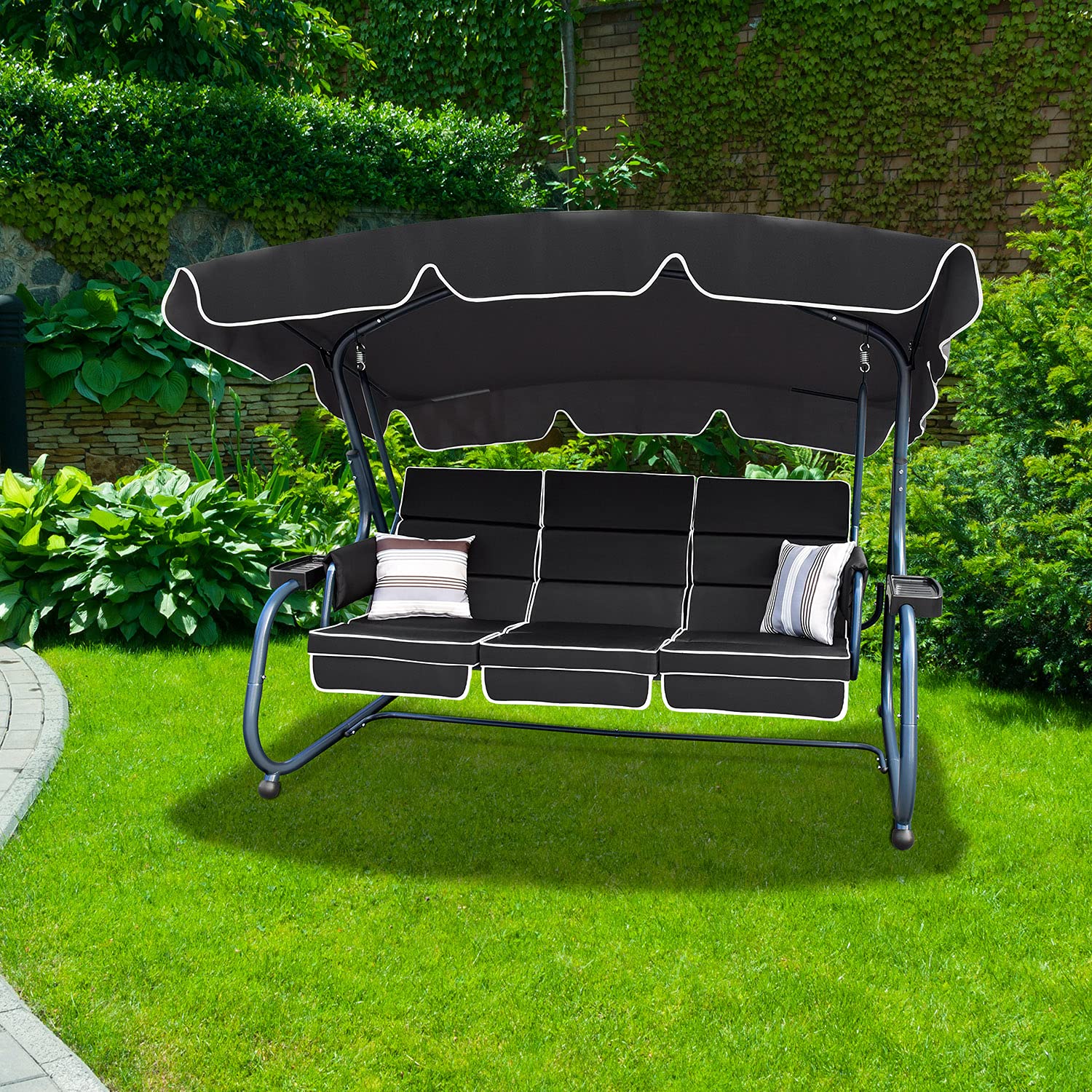RANSENER Luxus 3-Sitzer Hollywoodschaukel mit Liegefunktion und Verstellbarem Sonnendach - Premium Gartenschaukel für Garten und Terrasse