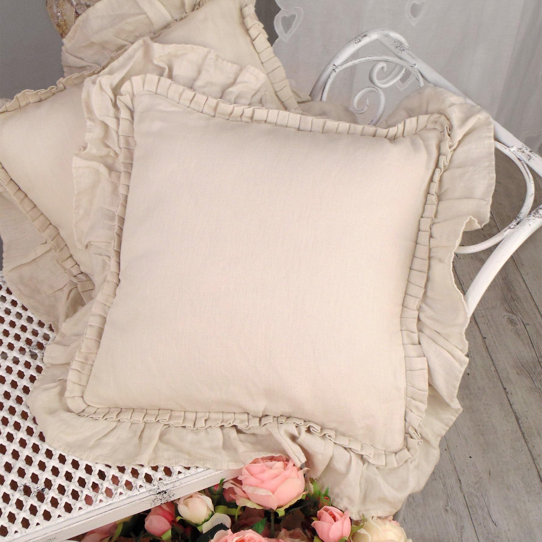 Blanc Mariclo Vintage Shabby Chic Farmhouse Square Cushion Pillow - Sofa Cushion - Ruffles - 40x40 - Light Beige - 50% Linen / 50% Cotton