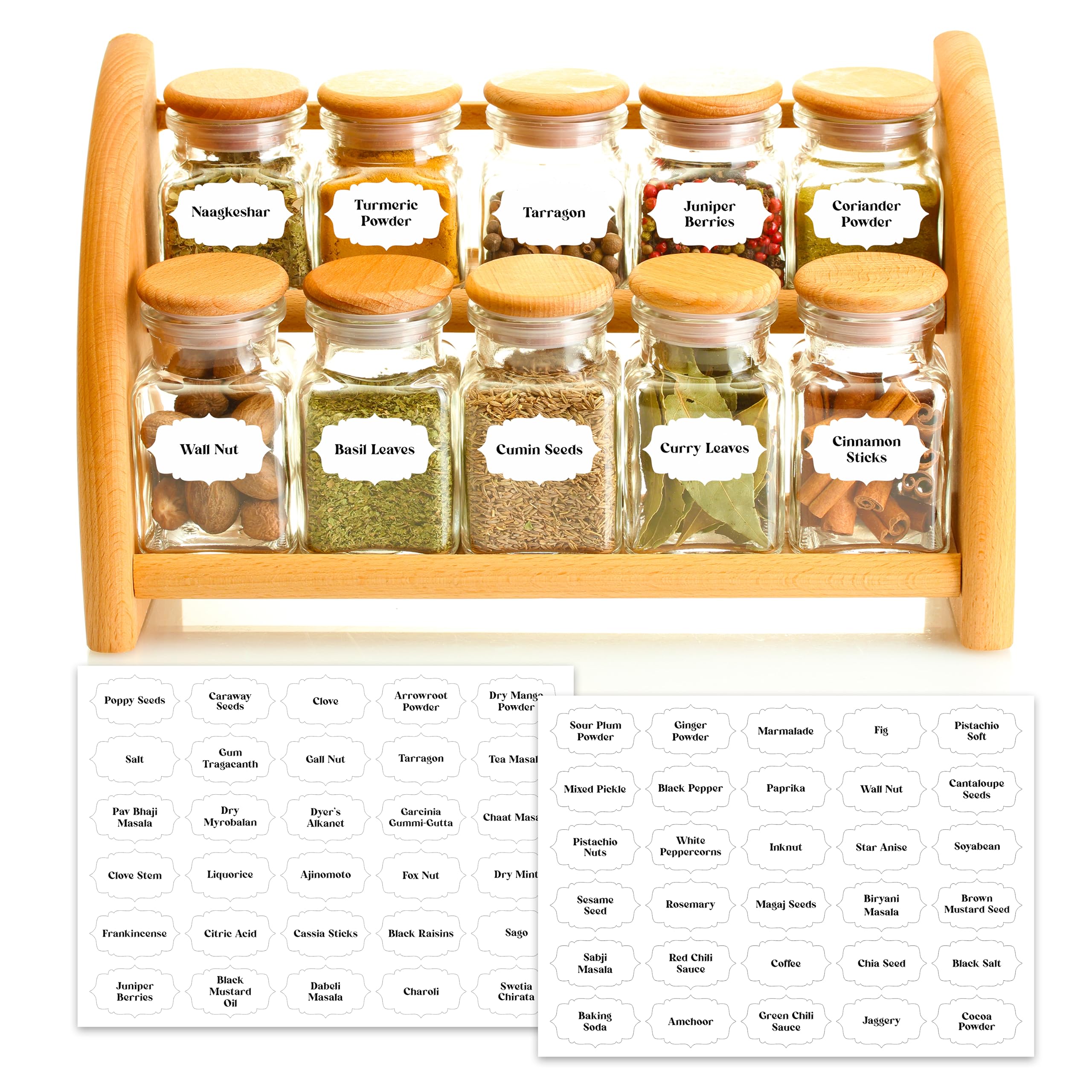 CLICKEDIN Label Set, Black Text on White Vinyl Waterproof Label Sticker with Removable Adhesive - Fits on Round, Square and Rectangle Glass Jars (Design 8,150 Pcs)