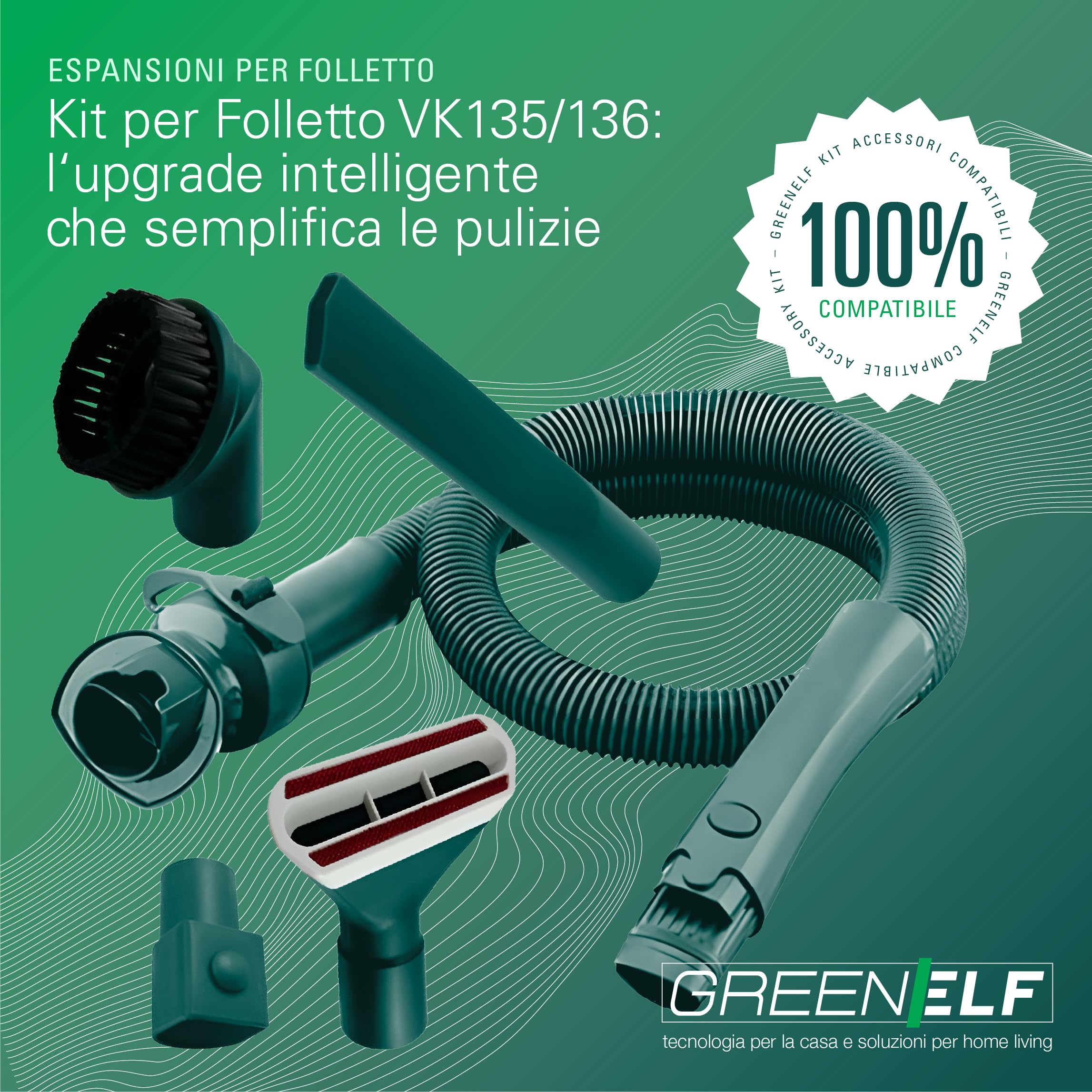 Kit Tubi Folletto VK135-136 | COMPATIBILI | Tubo Flessibile Per MODELLO 135 e 136 - COMPRENDE: Tubo Flessibile, Formichiere, Spazzolino, Adattatore, Girasole – Pulizia Profonda Auto e Casa, Verde