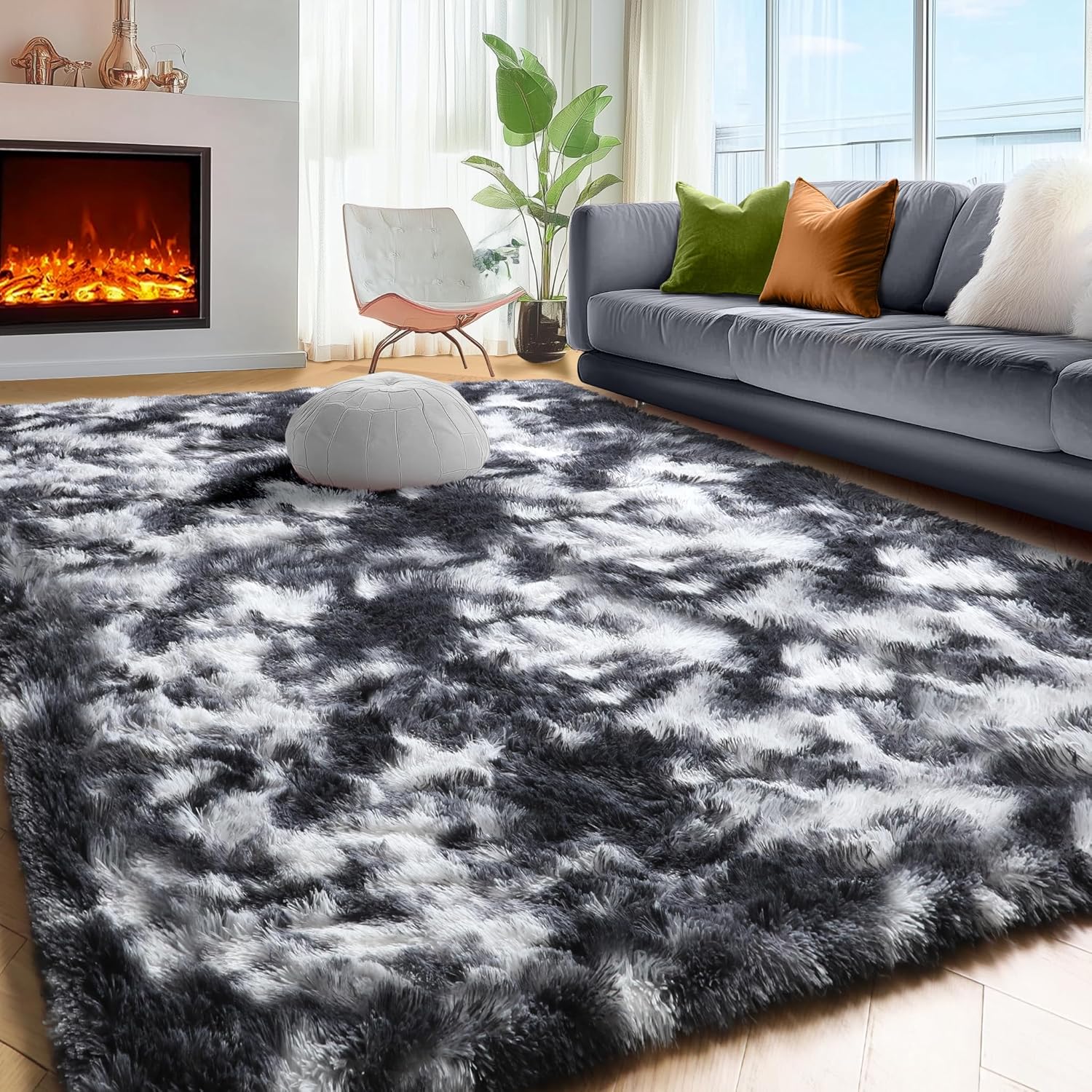 PAGISOFE Black White Grey Area Rugs for Living Room Bedroom Aesthetic, 8x10 Rug, Shag Fuzzy Fluffy Rug for Kids Room, Playroom, Classroom Dorm, Shaggy Soft Carpet, Plush Bedside Rugs, Modern Cool Rugs - Image 5