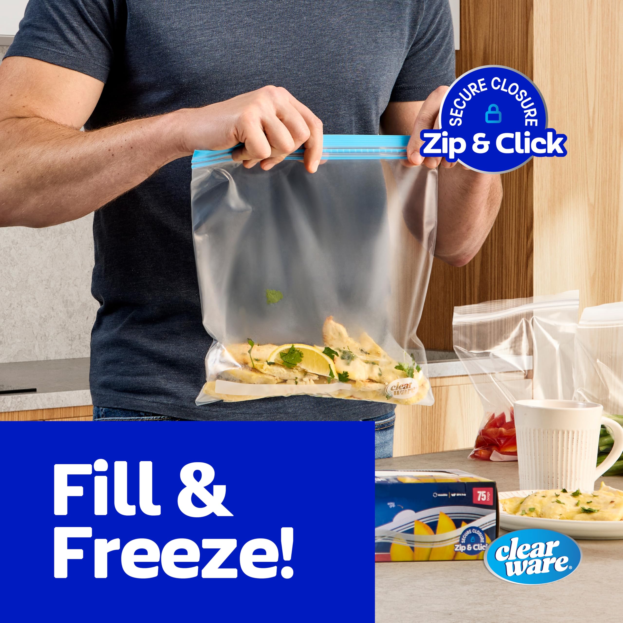 Clearware Bolsas de congelador de cuarto de galón, recipientes de plástico resellables para congelador, bolsas reutilizables con doble cremallera para almacenamiento de alimentos, carne, verduras