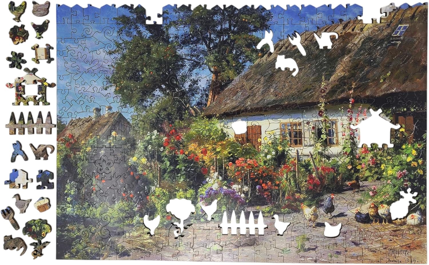 Wooden Puzzle for Adults - Uniquely Shaped Pieces - Made in The USA by FoxSmartBox - 400 Pieces - A Cottage Garden with Chickens