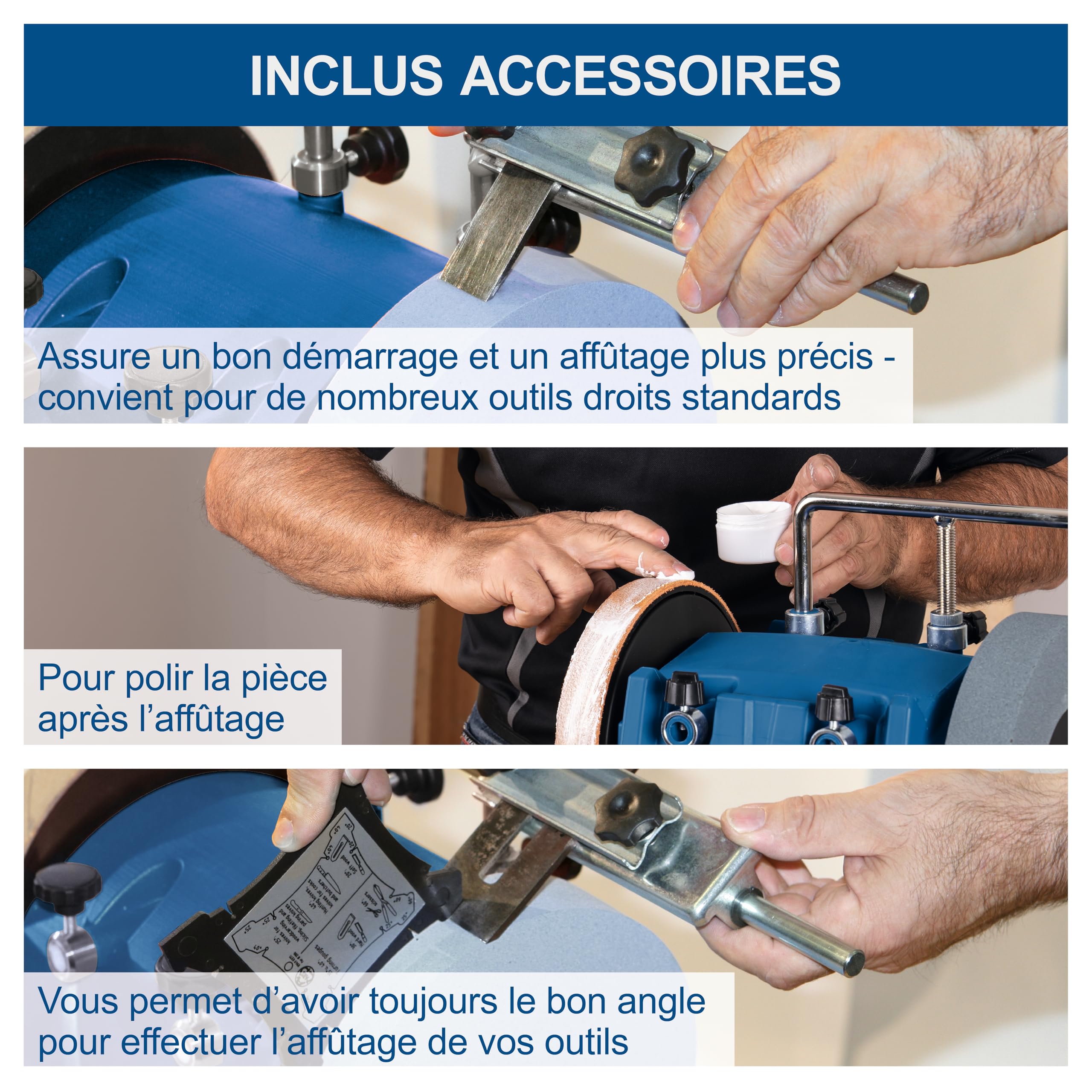 Scheppach Affûteuse à Eau TIGER2500S| Moteur à induction 200W | Meule en corindon supérieur Ø250mm | Dispositif pour outils standard droits | Pâte à poncer | Disque à poncer | Gabarit d'angle