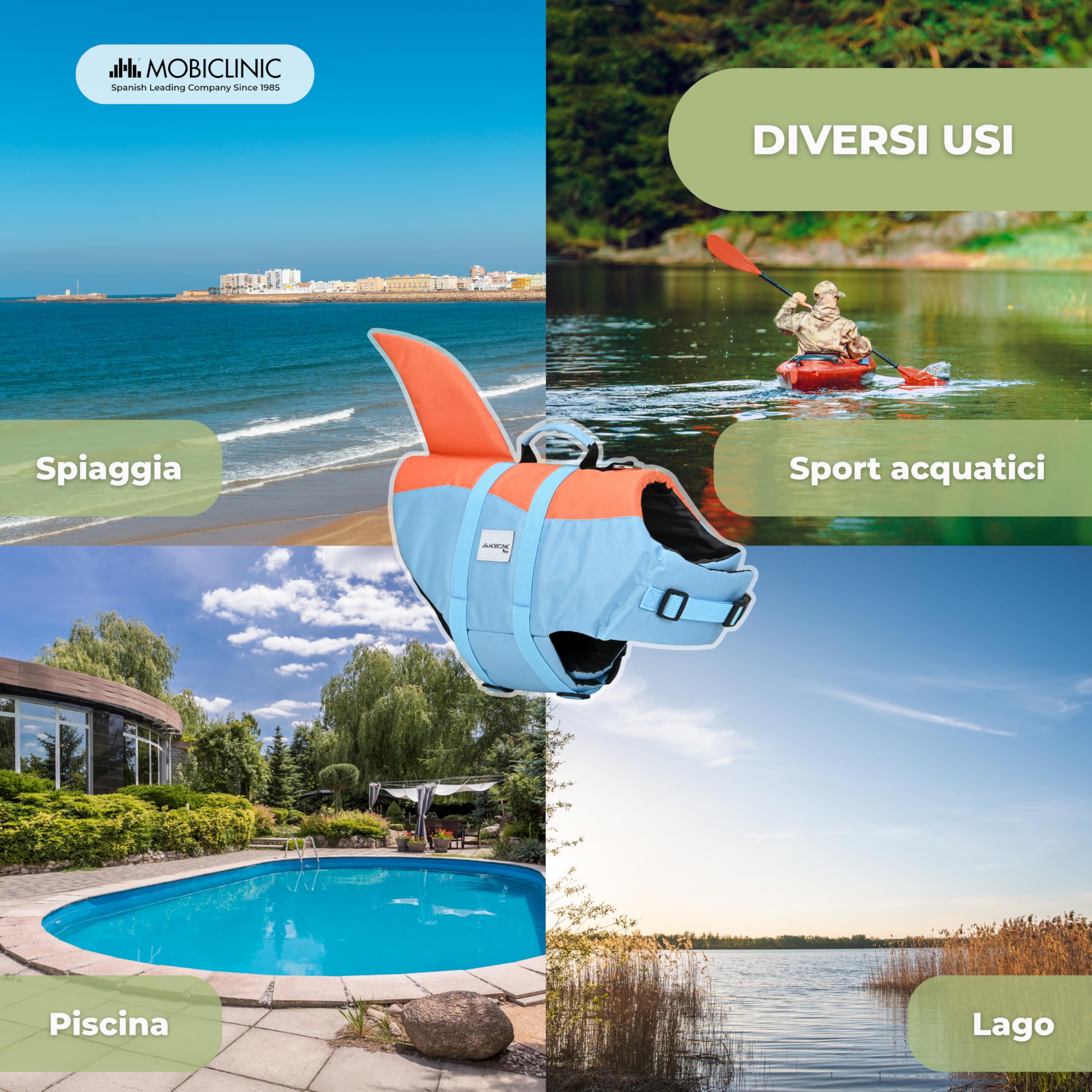 Mobiclinic®, Salvagente per Cane, Design a Pinna di Squalo, Maniglia di Salvataggio, Imbracatura Regolabile, Anello per Guinzaglio, Galleggiabilità e visibilità, Leggero, Adatto per Nuoto, Vela