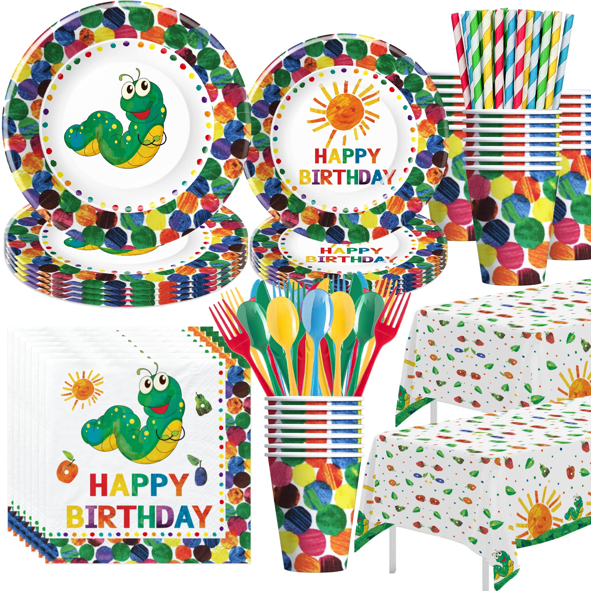 APOWBLS Hungry Theme Caterpillar Party Supplies - Caterpillar Birthday Decorations Tableware, Plate, Cup, Napkin, Tablecloth, Cutlery, Caterpillar Birthday Baby Shower Party Supplies | Serve 24