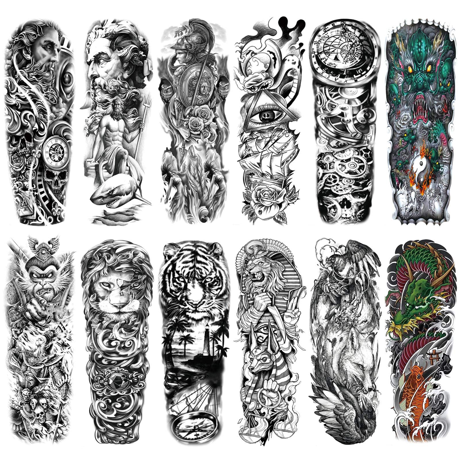 HOWAF 12Hojas Grandes Full Brazo Tatuajes Temporales,Impermeables Tatuajes Temporales negro a Prueba de agua de brazo Completo de Lobo León Tigre,Pegatinas de Tatuaje para Adultos hombres y mujeres