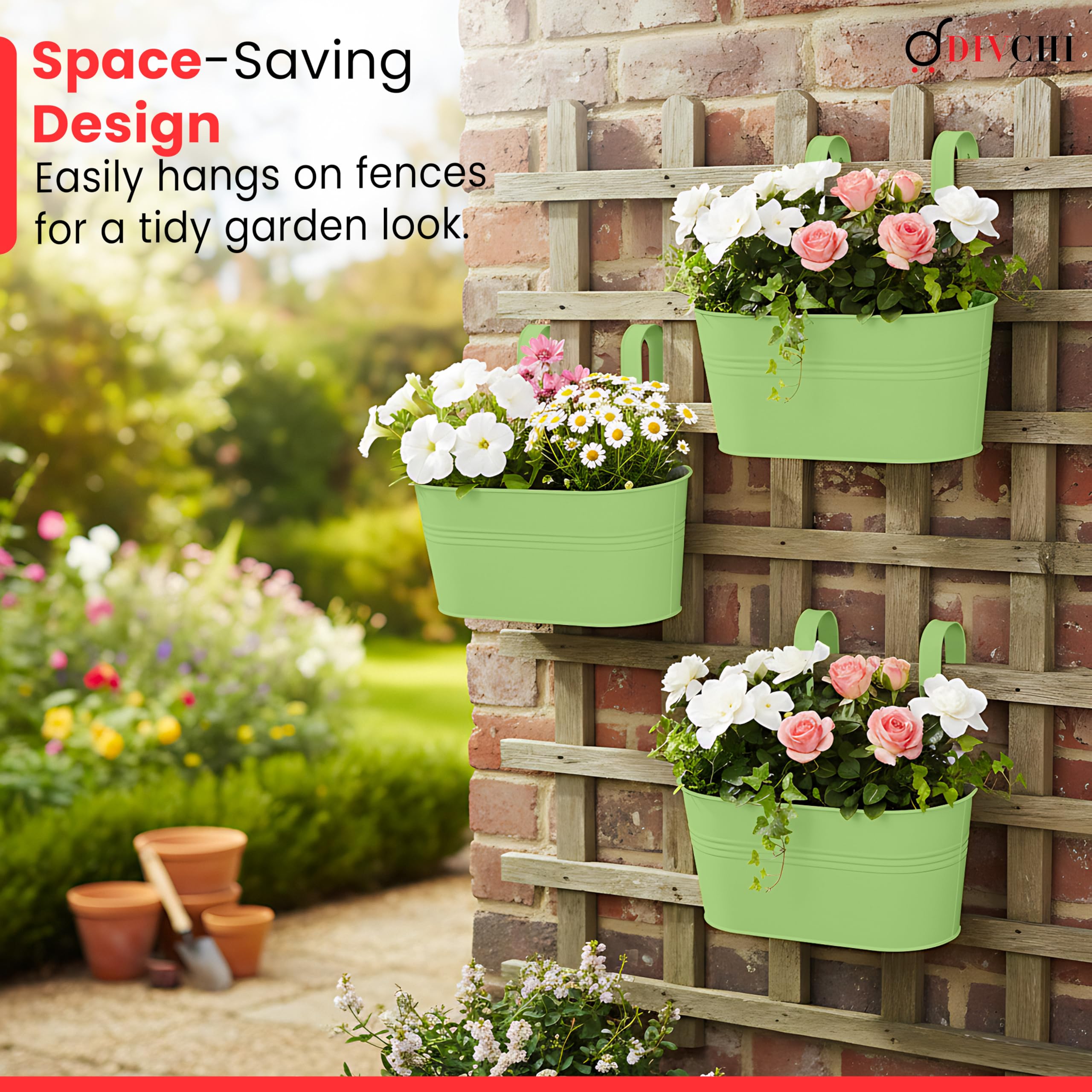 DIVCHI 4PCS Heavy Duty Metal Hanging Plant Pots 30cm Fence Railing Planters with Detachable Hooks Balcony & Garden Flowerpots with Drainage Hole Outdoor & Indoor Décor Planters (Green) - Image 3
