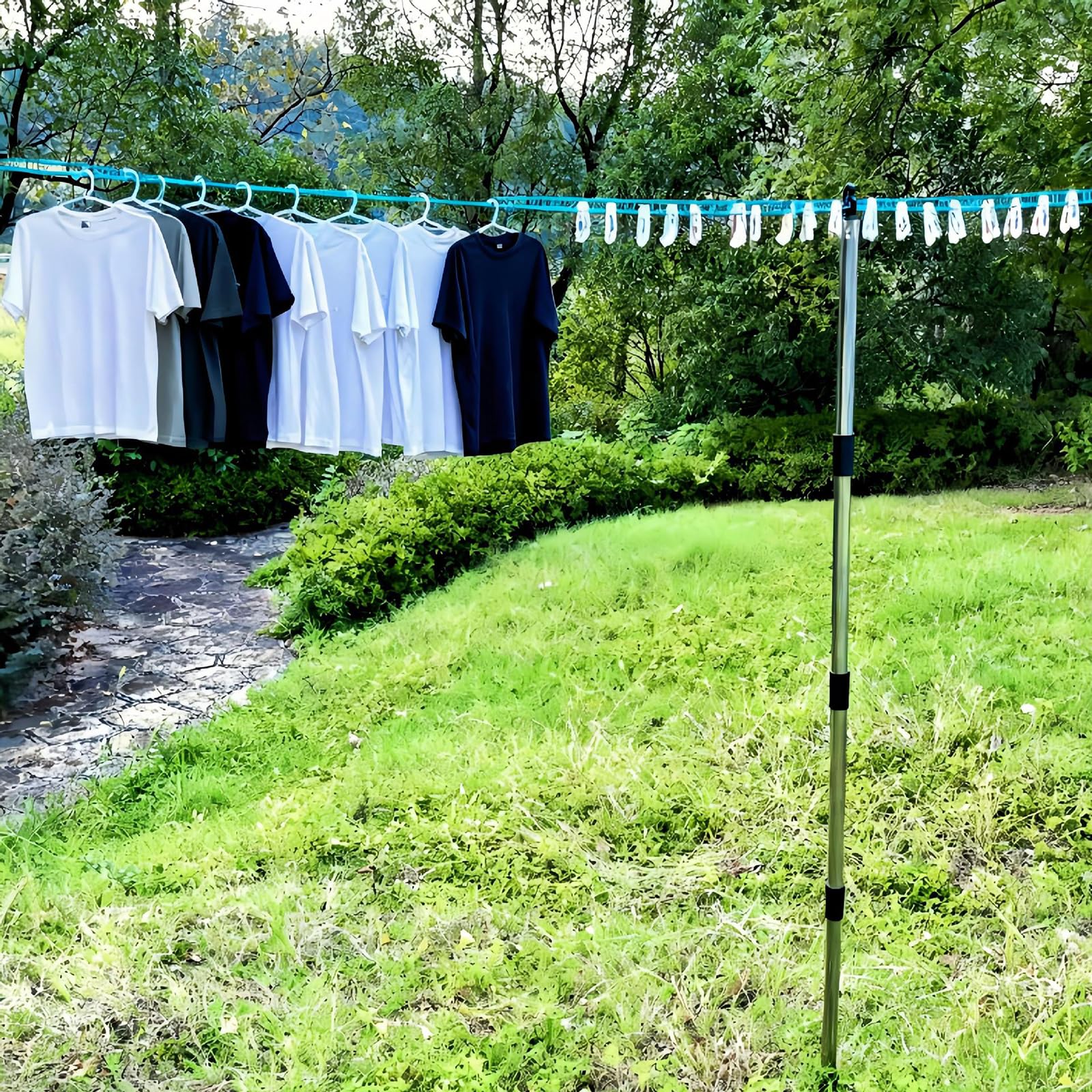 Linia do prania ze stali nierdzewnej, stojak na ubrania, wysokość do suszenia na patio, ogród, zawiera klipsy linowe, stojak na bieliznę