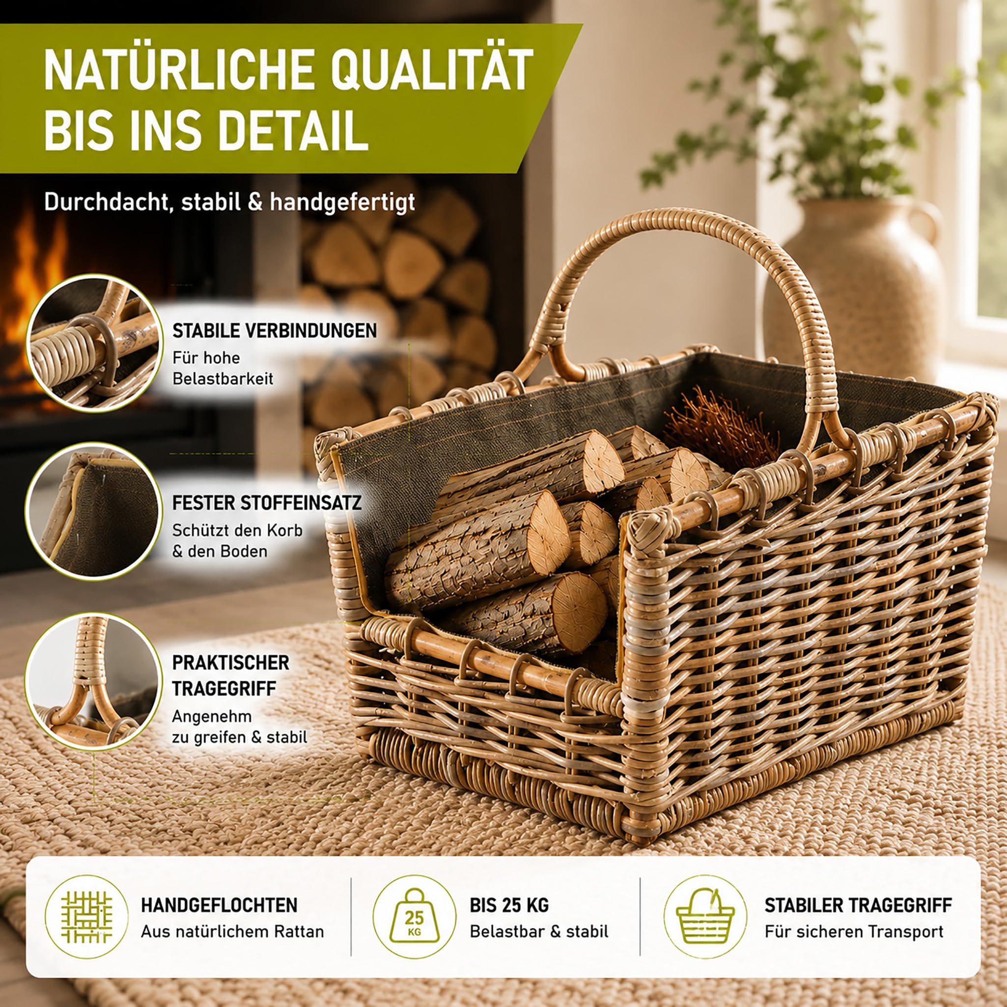 Kobolo Kaminholzkorb Holztrage für Kaminholz aus Rattan Grau