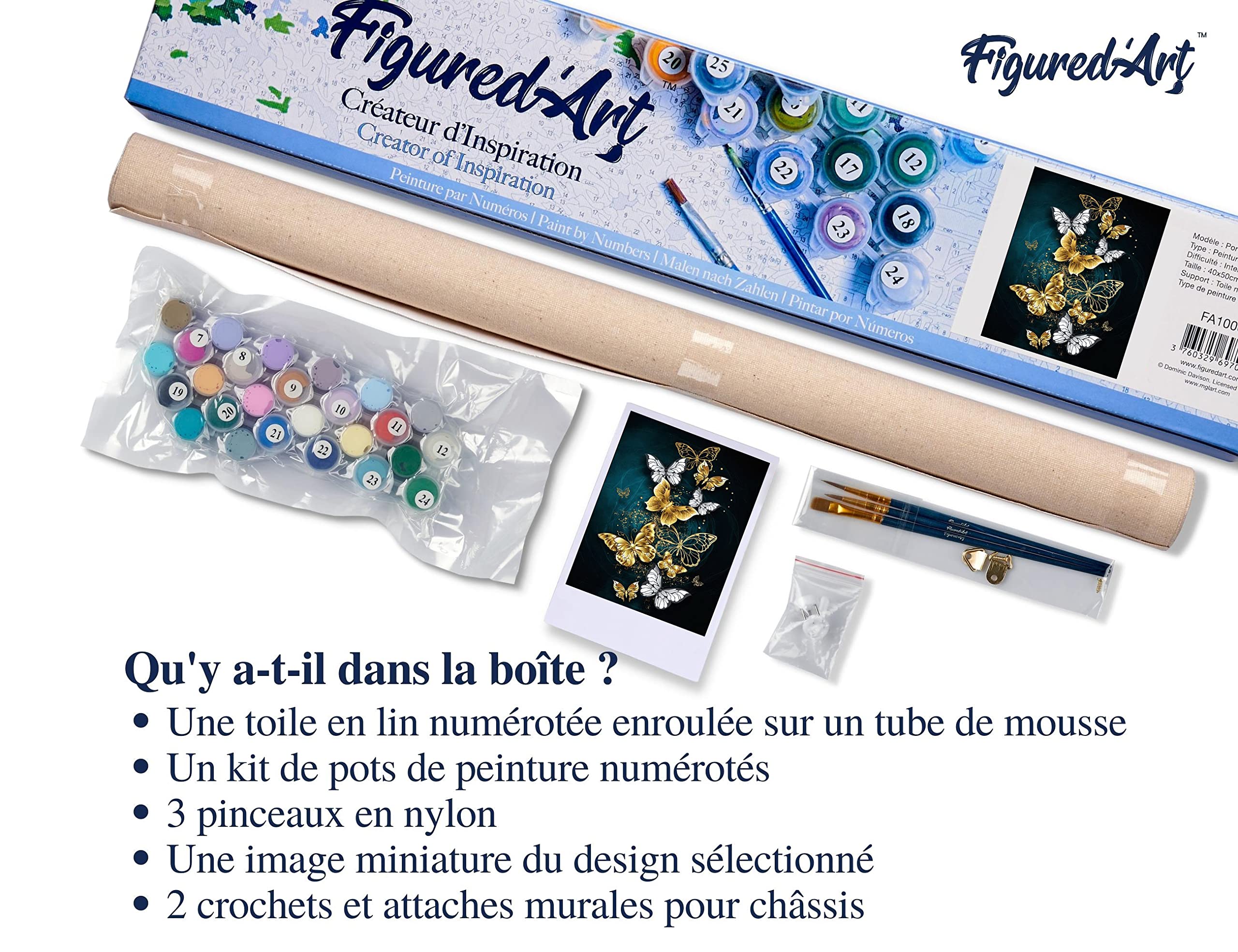 Toile Numérotée Figured'Art - Peinture Par Numéro Adulte Papillons Féériques - Kit Complet Avec Toile Lin 40x50cm, Châssis Bois, Peintures Et Pinceaux - Fabriqué En France