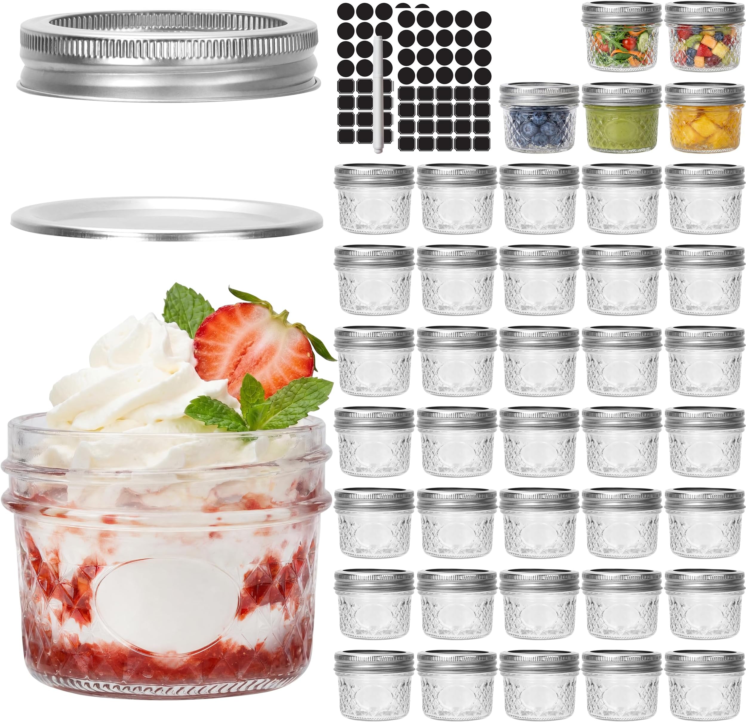 CycleMore 40 Pcs 4oz Clear Glass Mini Mason Jars With Silver Separable Lids and Diamond appearance, Small Spice Canning Jars for Honey, Jam, Jelly, Wedding Favors, Kitchen Food Storage