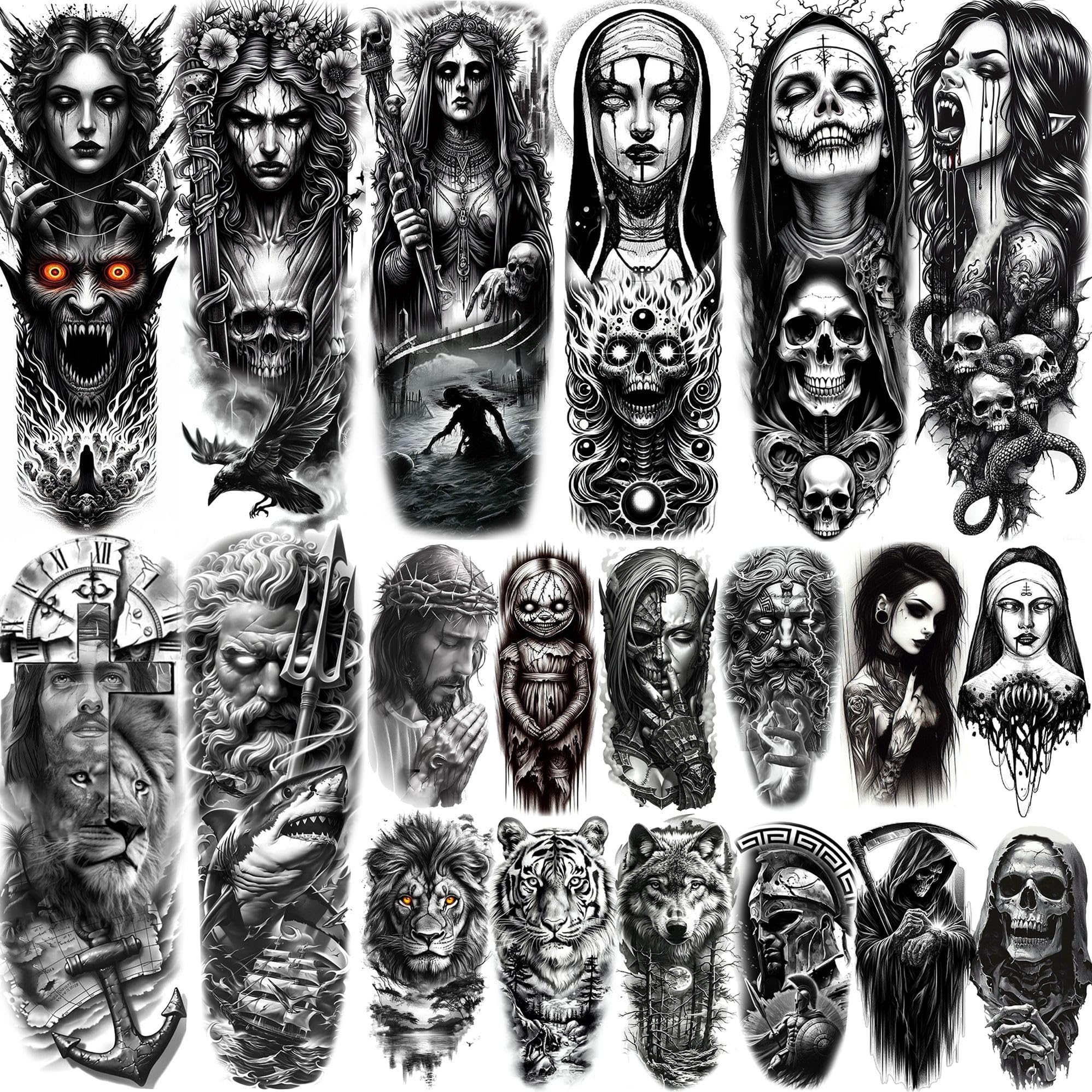 20 Sheets Black Gothic Full Arm Temporary Tattoos For Men Adults Thigh, Nun Girl Skull Skeleton Zeus God Jesus Christ Fake Sleeve Tattoos For Women,