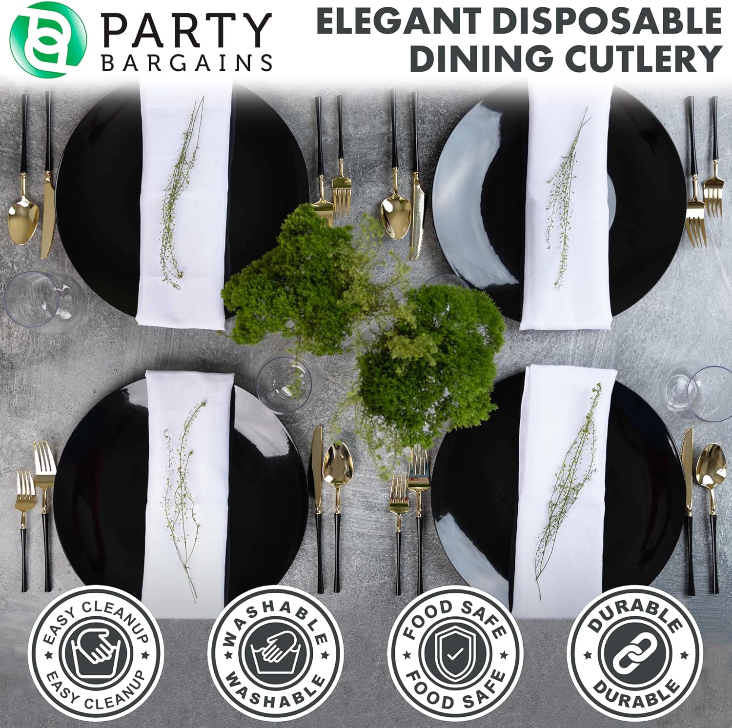 PARTY BARGAINS Disposable Plastic Cutlery Set, 80 Piece Infinity Design Flatware, Heavy Duty 32 Forks, 16 Knives, 32 Spoons for Weddings, Events, Catering, Black Gold