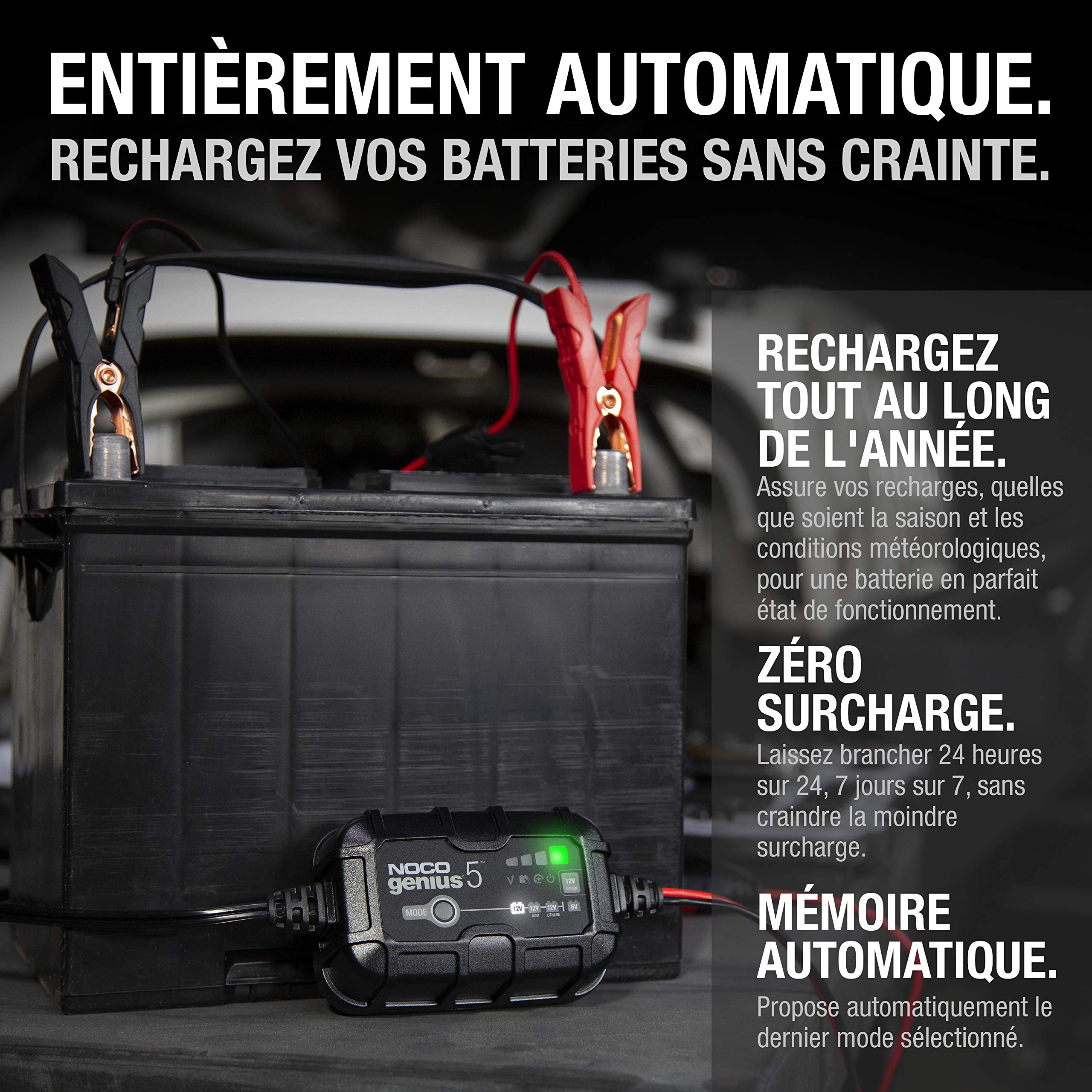 NOCO GENIUS5: Chargeur de Batterie Intelligent 5A 6V/12V – Maintien Automatique, Charge Lente & Désulfateur – Protection Surcharge & Compensation Température – pour Batteries Plomb & Lithium