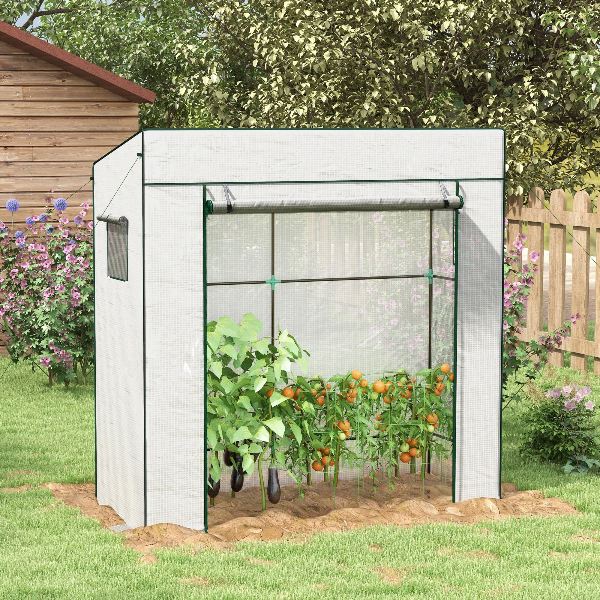 Outsunny Serre de Jardin PE, Serre de Balcon, bâche renforcée 140 g/m², châssis en Acier, Porte zippée Enroulable, 2 fenêtres, pour légumes Plantes Fleurs, intérieur et extérieur, 196x77x197cm, Blanc