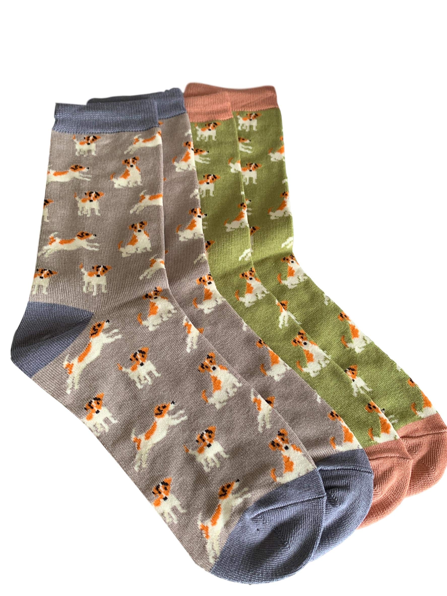 Purple Possum® Jack Russell Socks Ladies 2 Pair Pack Dog Print Terrier Soft Bamboo Cotton Blend Jack Russells Sock