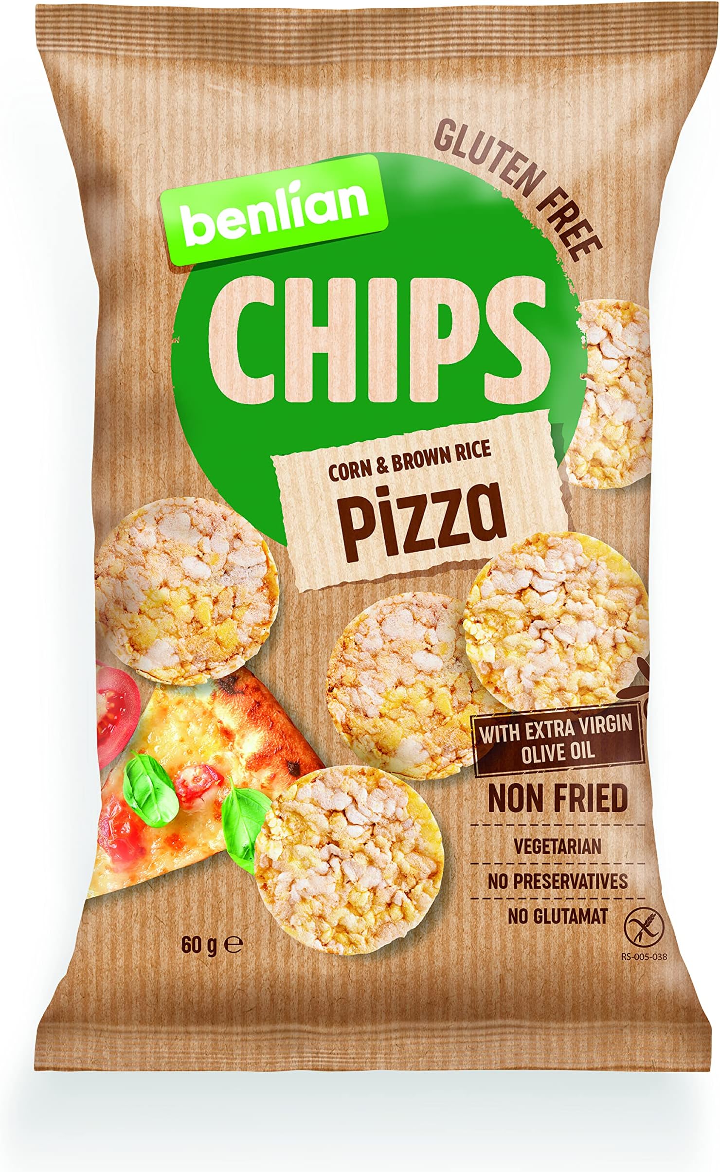 Benlian Gluten Free Chips Corn & Brown Rice, Pizza 60g | With Extra Virgin olive Oil, Non Fried, Vegetarian, No Preservatives, Glutamat