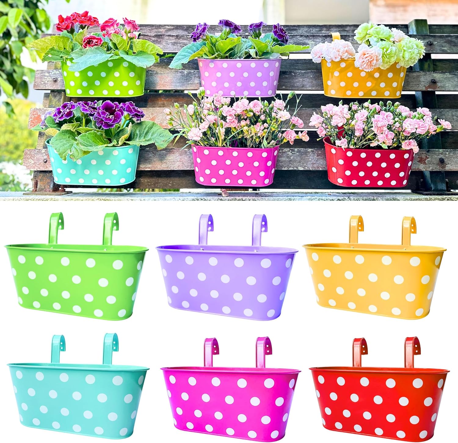 LaLaGreen Rail Planter for Deck Railing (11.2 Inch, 6 Pack) Multicolor Metal Iron Hanging Flower Pots, Polka Dot and Strawberry Fence Garden Wall Mount Window Box Plant Holder with Hooks Porch Decor