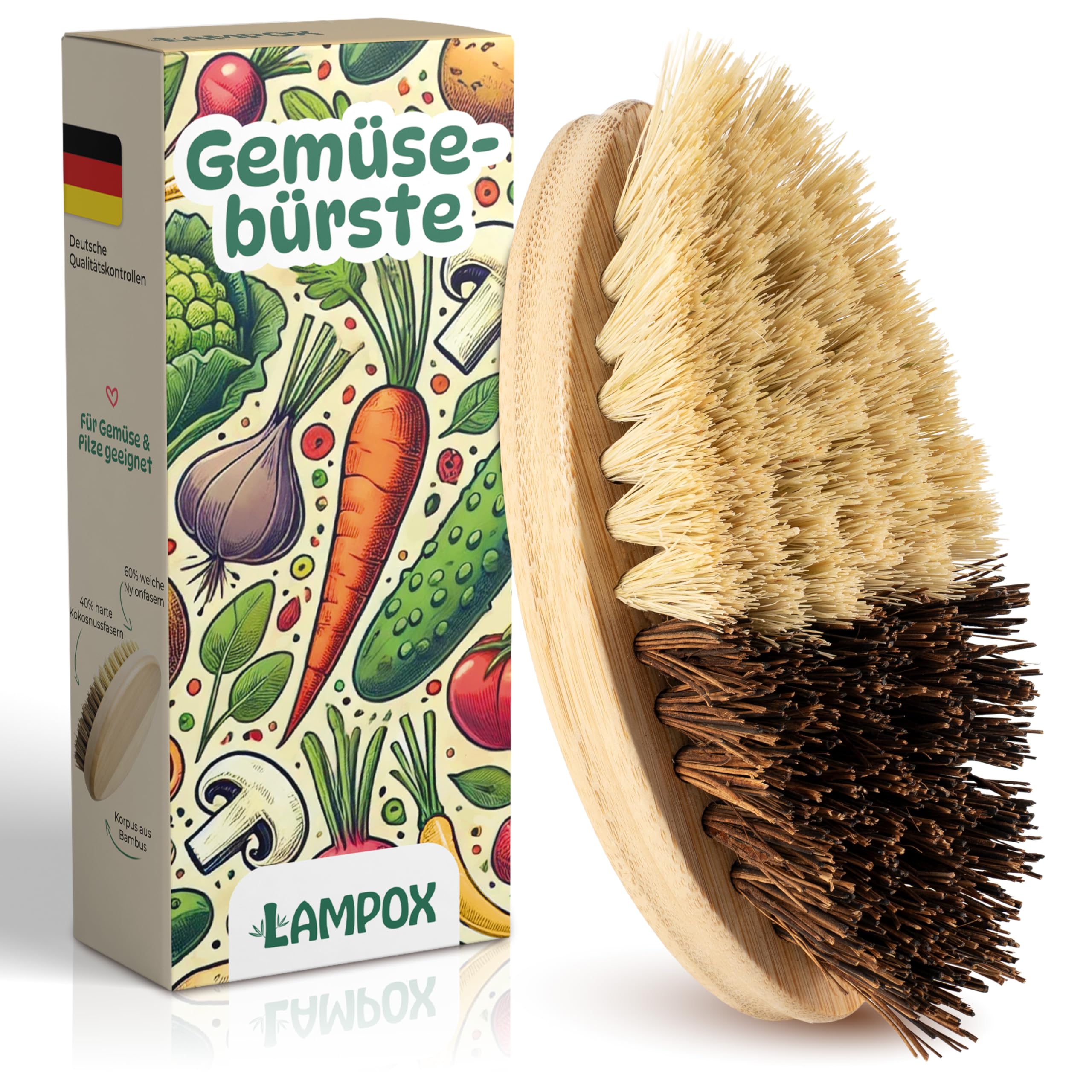 lampox Vegetable Brush Made of Bamboo in Two Hardnesses, Cleaning Brush for Fruit, Vegetables, Potatoes, Carrots, Root Brush, Vegetable Cleaning, Washing Up Brush, Potato Brush, Fruit Brush