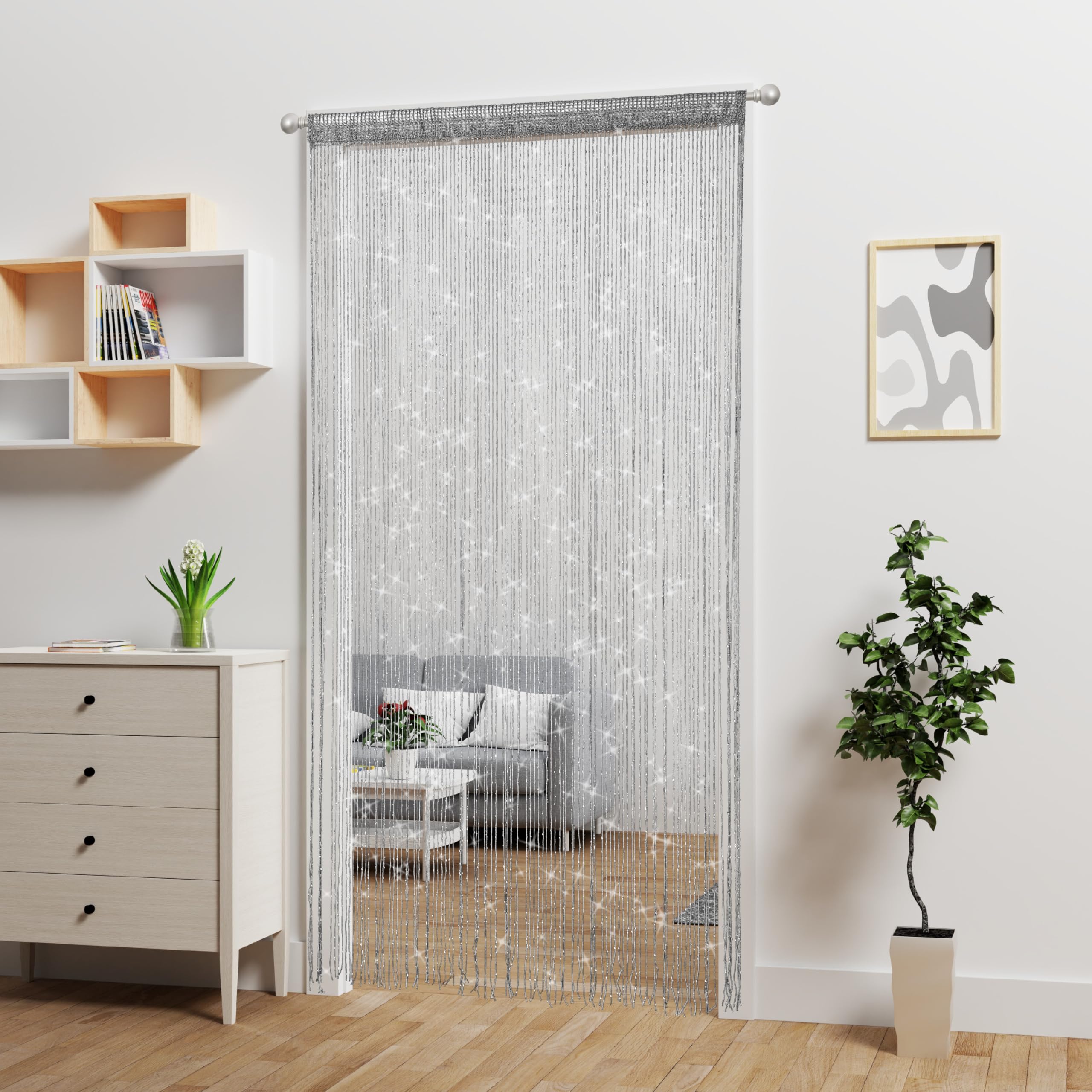 Lot de 4 rideaux à ficelles à franges à paillettes pour porte, séparateur de pièce à suspendre, décoration hippie à paillettes, décoration de placard, fenêtre, mur, portes de style bohème (argent, 99