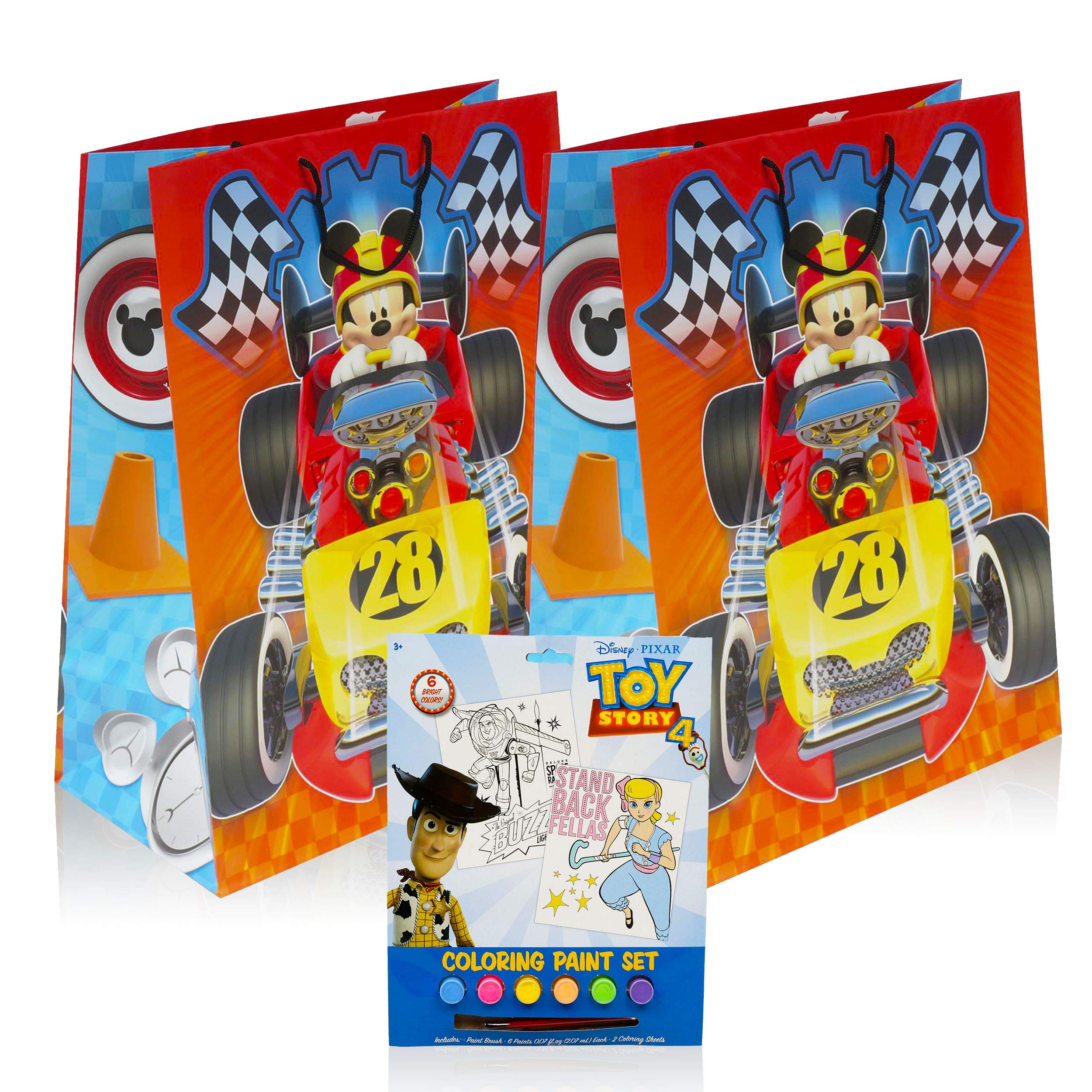 Disney Mickey Mouse Roadster Gift Bag 2 Pack Bundle ~ Extra Large Mickey Gift Bags For Presents, Party Supplies, Party Favors, And More With Toy Story Paint Set