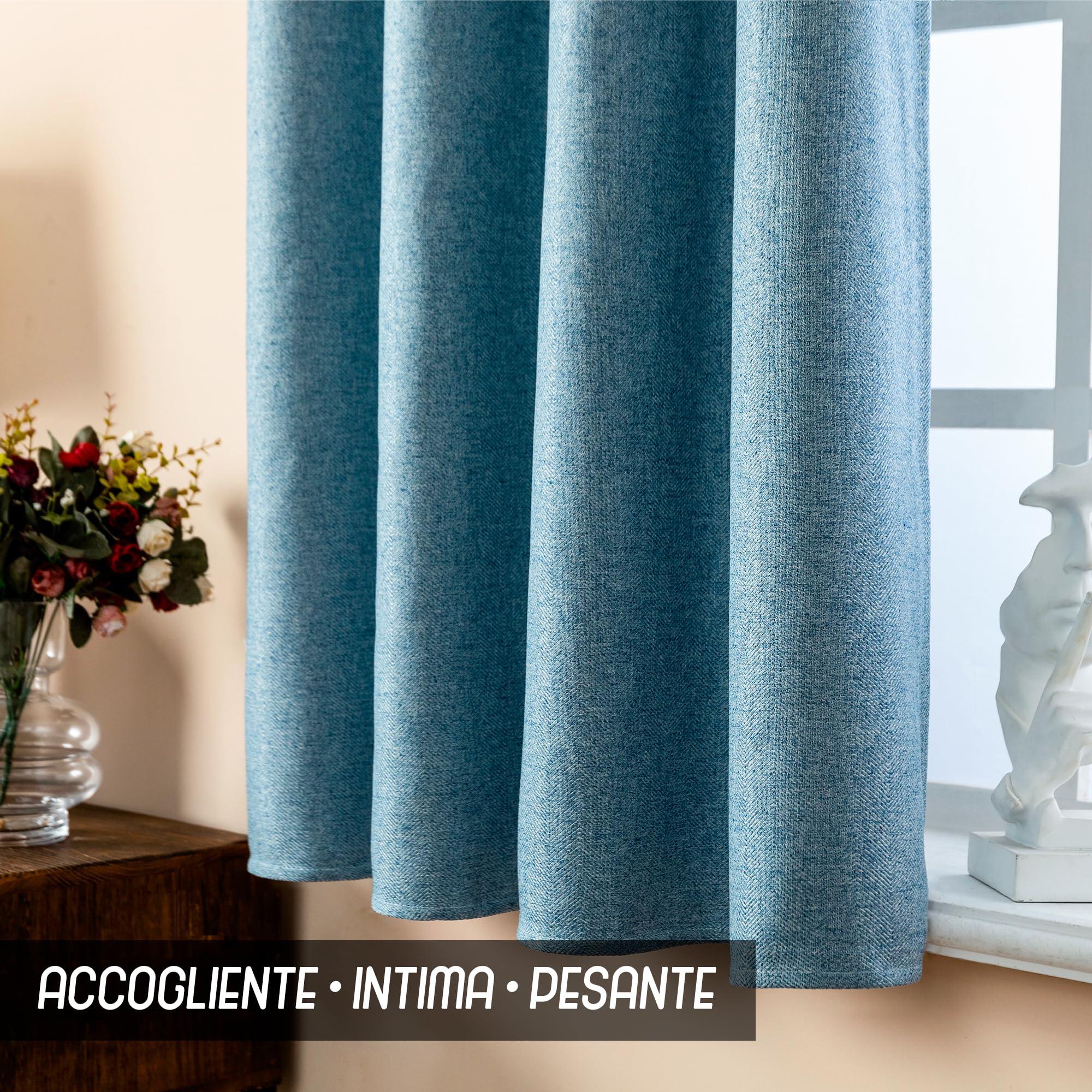 GIRASOLE HOME® Paire de rideaux semi-occultants effet lin texture nervurée lourde pour intérieur 2 panneaux avec œillets (bleu clair, 140 x 270 cm
