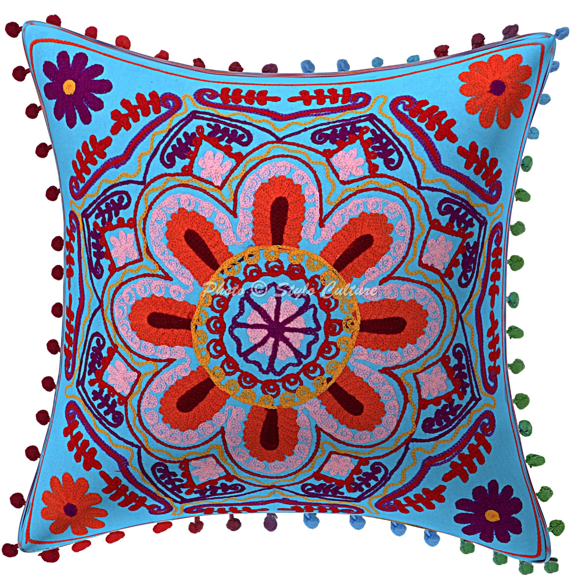 Bohemien Dekorativ Baumwolle Sofa Kissenbezüge 40x40 cm Türkis Dekokissen Suzani Bestickte Pom Pom Spitze Wohnzimmer Couch Kissenhullen Quadrat Blumen Kissen Bezüge - 4 STK.