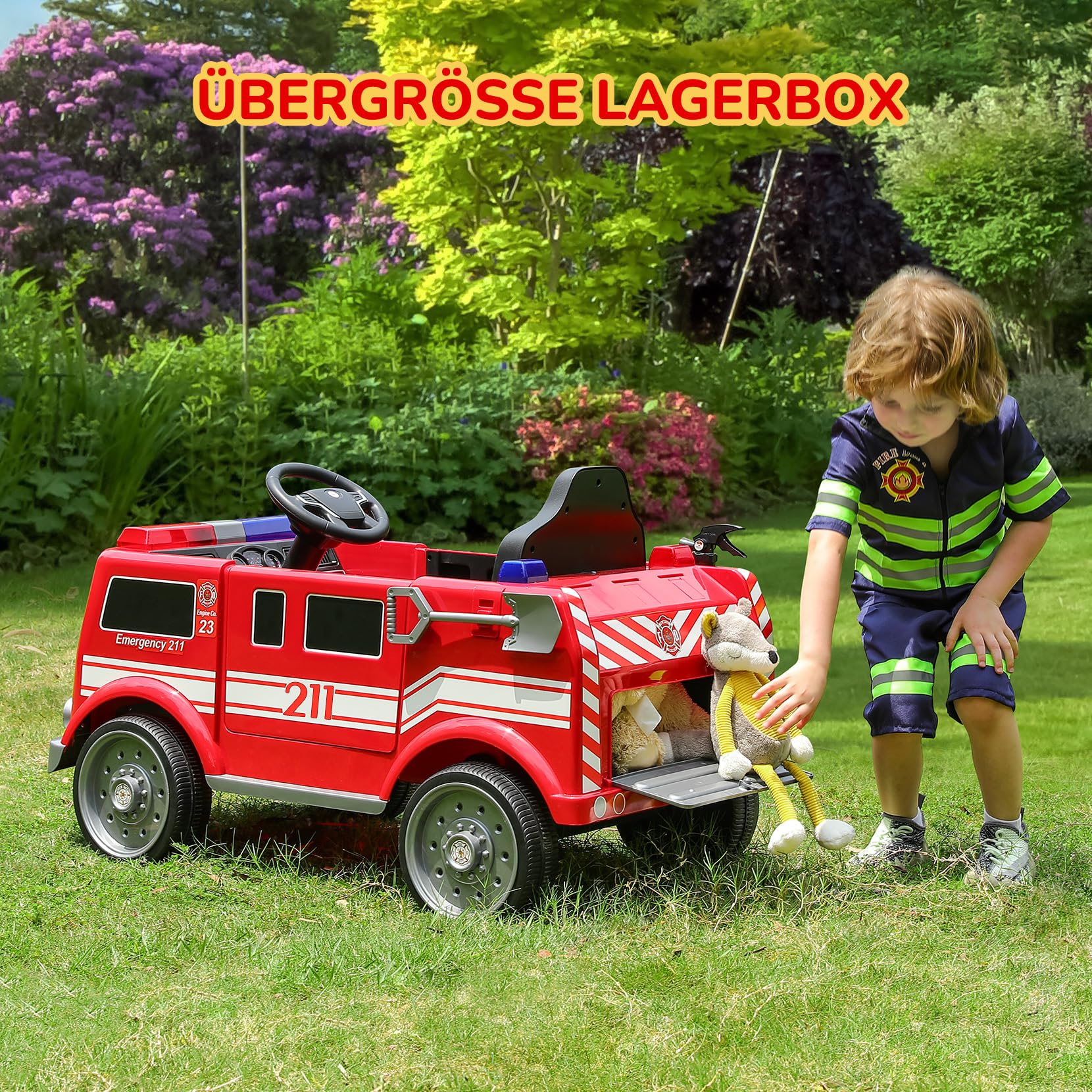 ELEMARA 12V Elektro Feuerwehrauto für Kinder,Elektroautos für Kinder im Alter von 3-6 Jahren,Elektrische Kinderautos mit Fernbedienung,batteriebetriebenes Kinderfahrzeug, mit Sirene, Walkie-Talkies