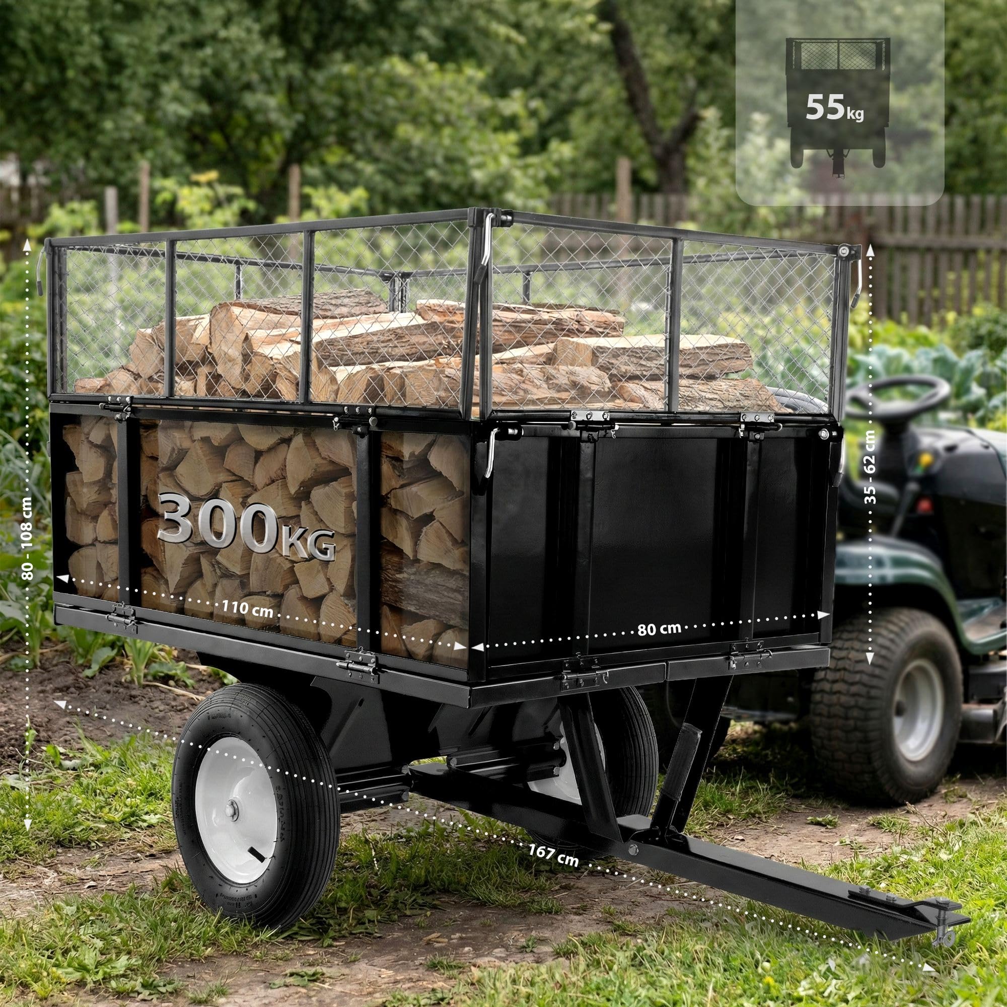 CLP ATV Kippanhänger 300kg für Rasentraktor, Gartenanhänger mit Gitteraufsatz, klappbaren Bordwänden, Universal-Kupplung, schwarz
