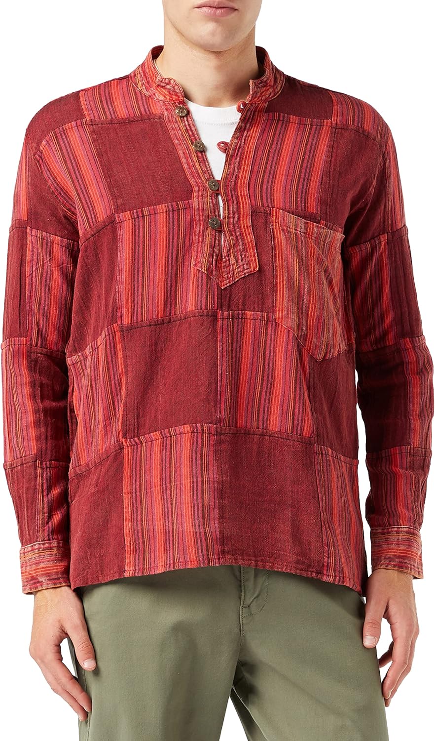 Shopoholic Fashion Mens Stonewashed Plain Stripe Patch Hippie Shirt - Image 2