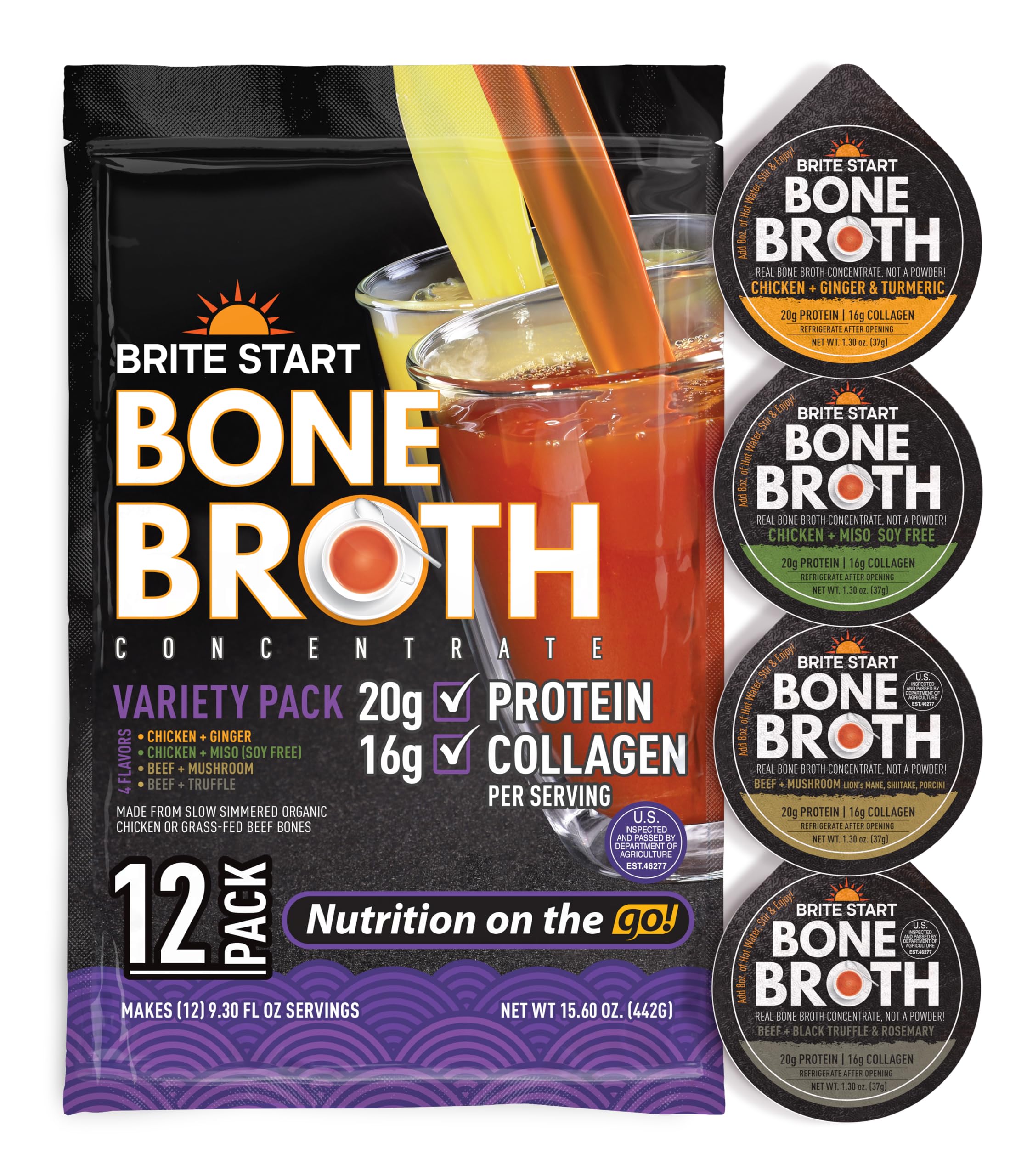 Brite Start Bone Broth - Variety Pack - 4 Count - Keto Friendly Concentrate with 16g Collagen, 20g Paleo Protein - Made from Free Range Chicken Bones & Grass Fed Beef - Single Serve Packets