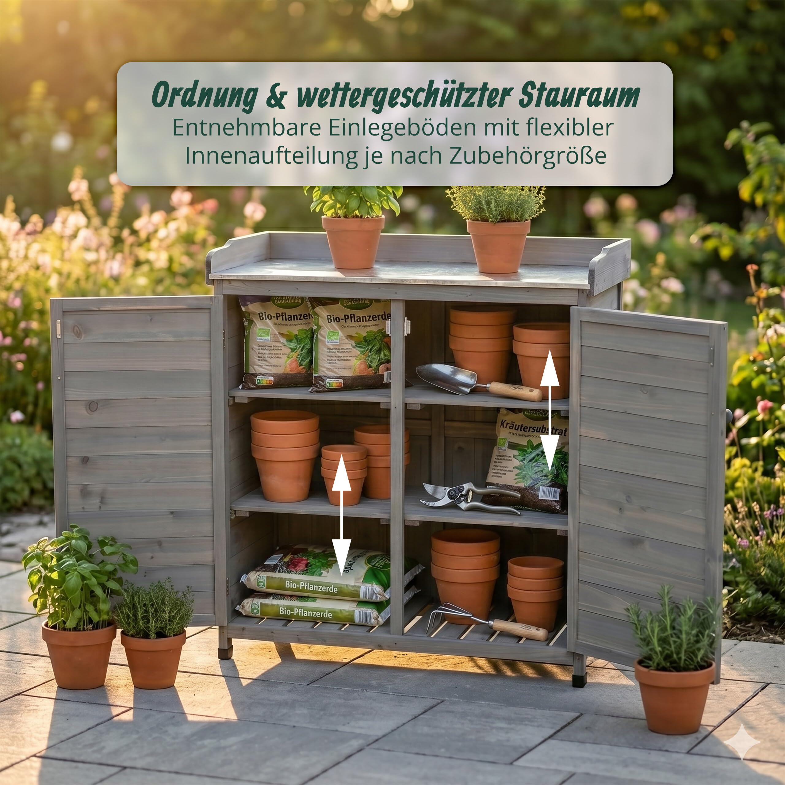 Relaxdays Pflanztisch mit Unterschrank, Holz, verzinkte Arbeitsplatte, grau