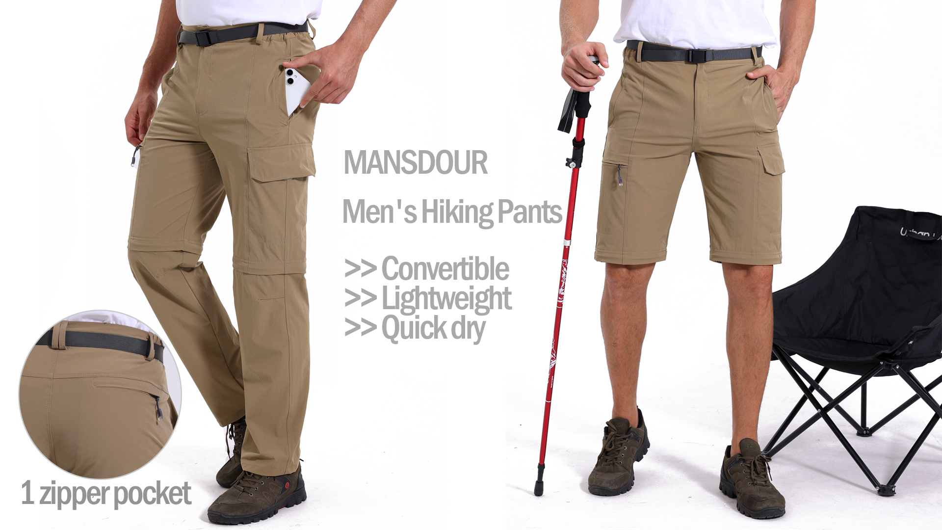MANSDOUR Men's Hiking Pants Convertible Quick Dry