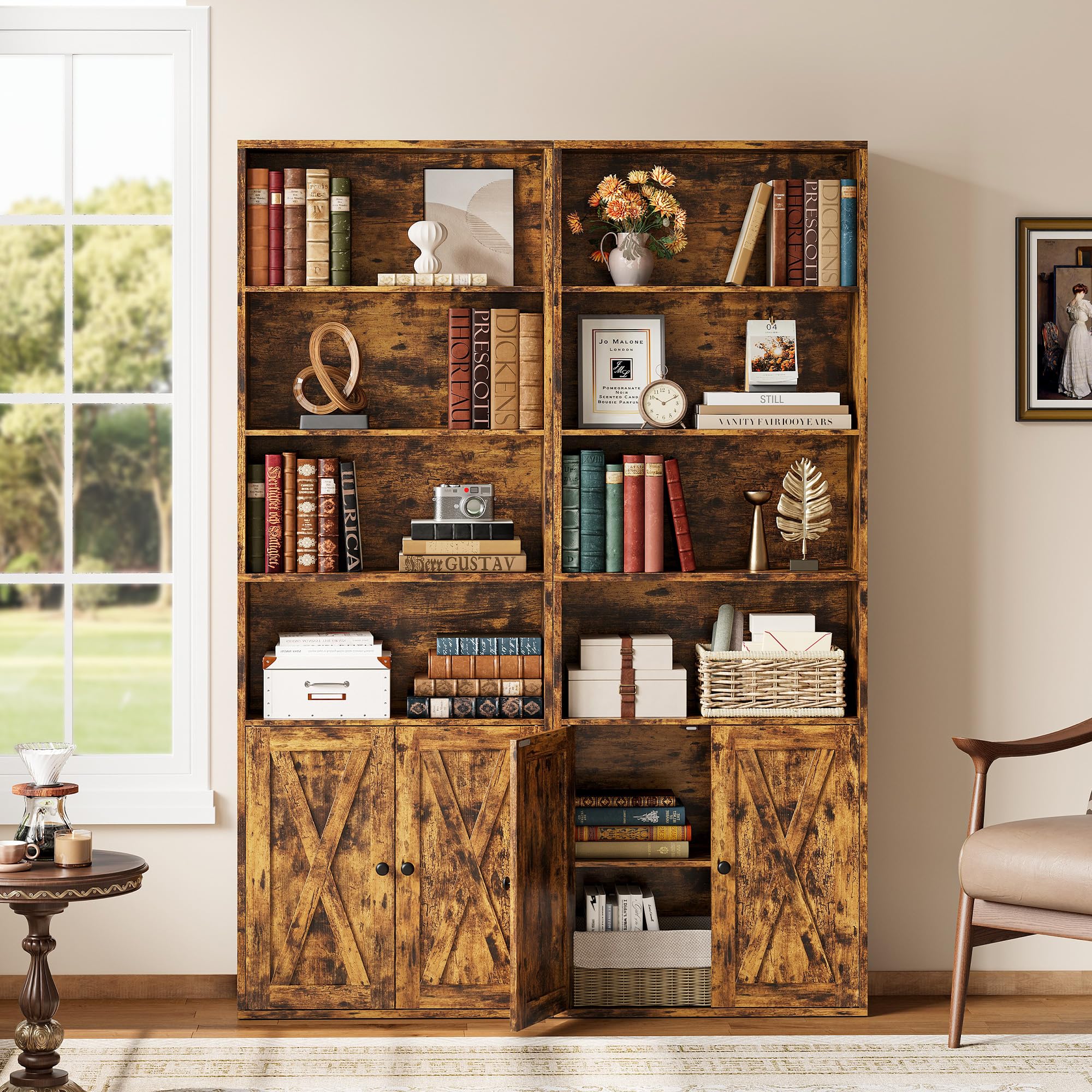 IRONCK Bücherregal Braun, Standregal mit Türen, Holz Regal mit 6 Ebenen, Offenes Aufbewahrungsregal für Wohnzimmer, Homeoffice, Esszimmer, Schlafzimmer, 24 x 60 x 180 cm