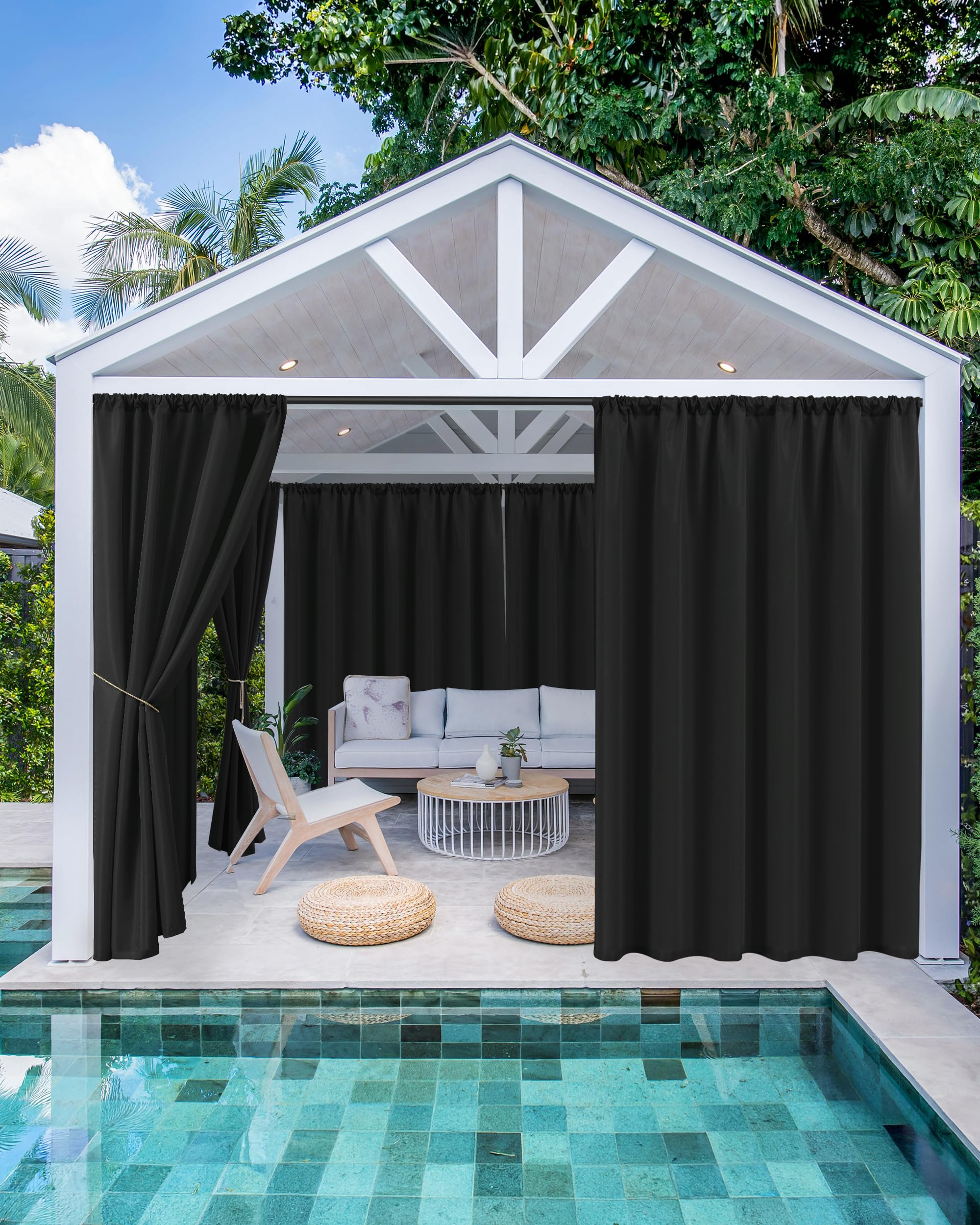 Outdoor Patio Curtains Waterproof with Rod Pocket 4 Panels 54x95 Inch- Protect Privacy Balcony Outdoor Curtains for Apartments,Porch, Gazebo, Pergola, Sliding Glass Door, Black
