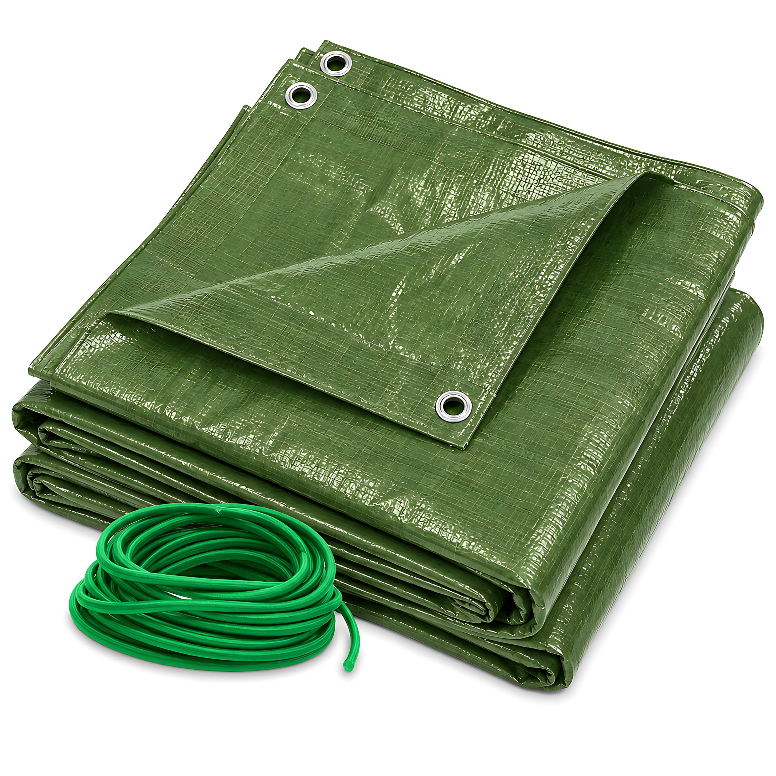 Green Tarpaulin 5 x 6 mm Heavy-Duty Waterproof 90gsm with 10m Elastic Tie Rope - Tarp Sheet Cover for Garden Furniture, Logs, Camping Groundsheet, Building Materials, Trailer, Temporary Outdoor Use
