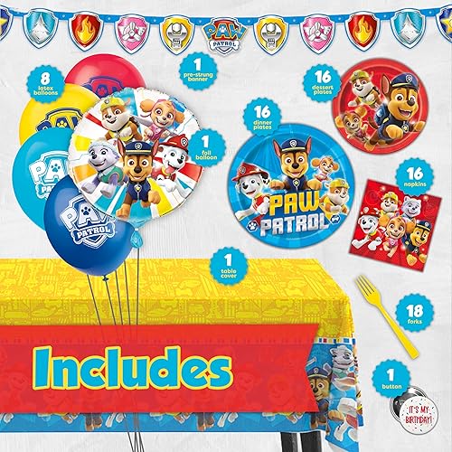 Miniatura 2 de Decoraciones de cumpleaños de Paw Patrol  Sirve a 16 invitados  Suministros de fiesta de Paw Patrol  Globos, pancarta, mantel, platos de cena y