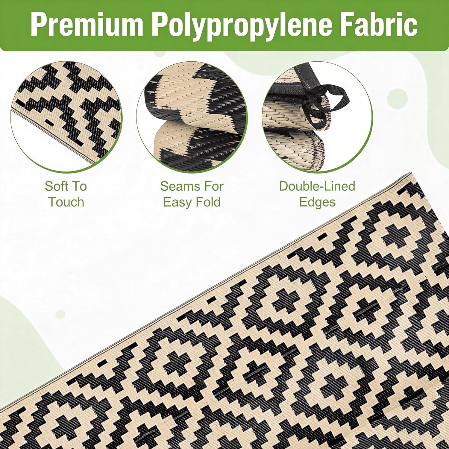 Outdoor Rug Waterproof Plastic Straw - 4x6 FT Area Rugs for Patio Clearance, RV Camping Essentials Mat for Deck, Garden, Backyard Outdoor Furniture Set, Black & Beige