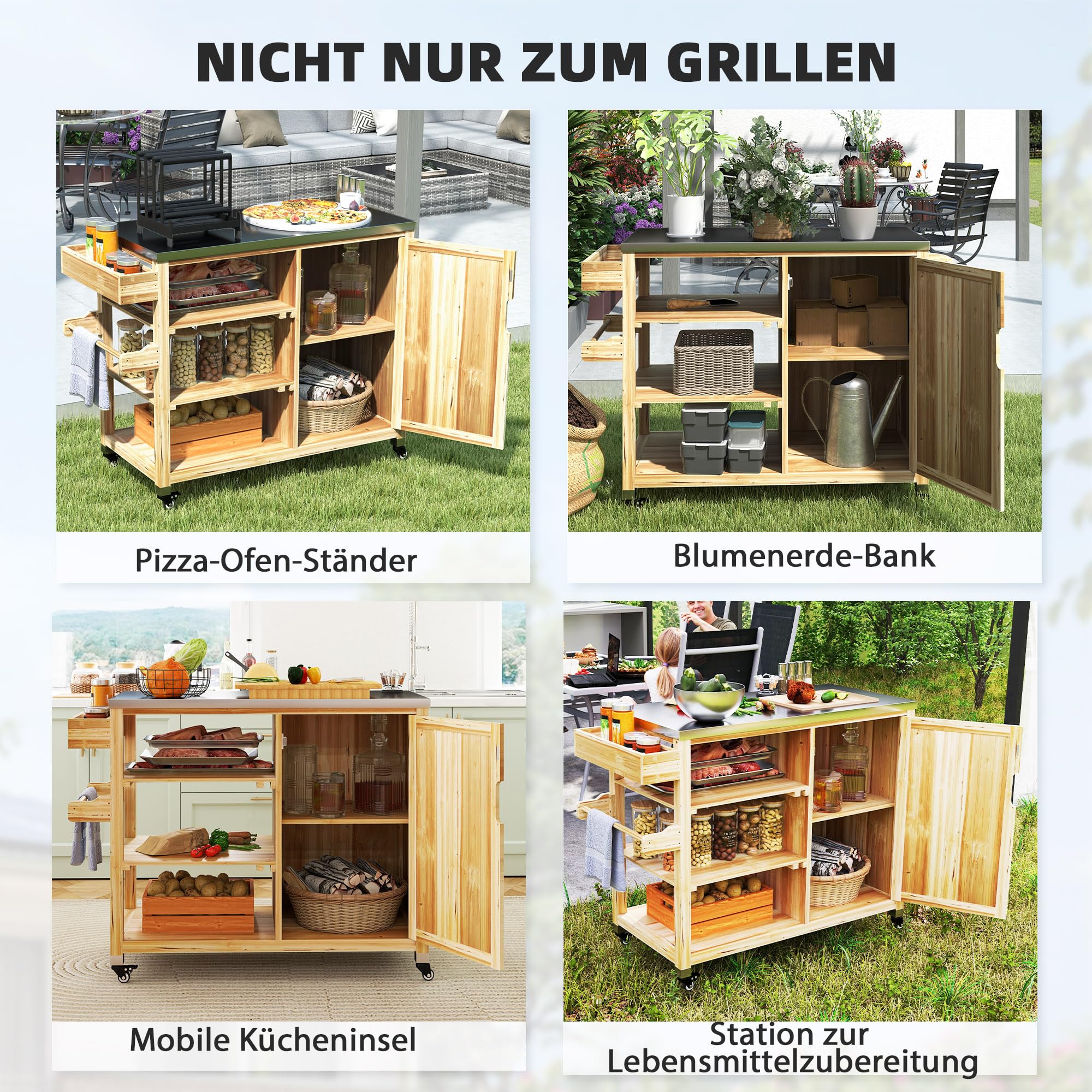 Outsunny Grillwagen 6-Etagen Servierwagen mit Arbeitsfläche Handtuchregal, BBQ Grilltisch aus Holz, Grill Beistelltisch, Outdoor Trolley, Holzkohlegrill für Garten, Terrasse 134,5x50x91,5cm Naturholz