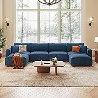 LINSY HOME 165" Modular U-Shaped Cloud Couch Sectional Sofa, Oversized 6-Seater with Ottoman, Luxury Chenille Blue