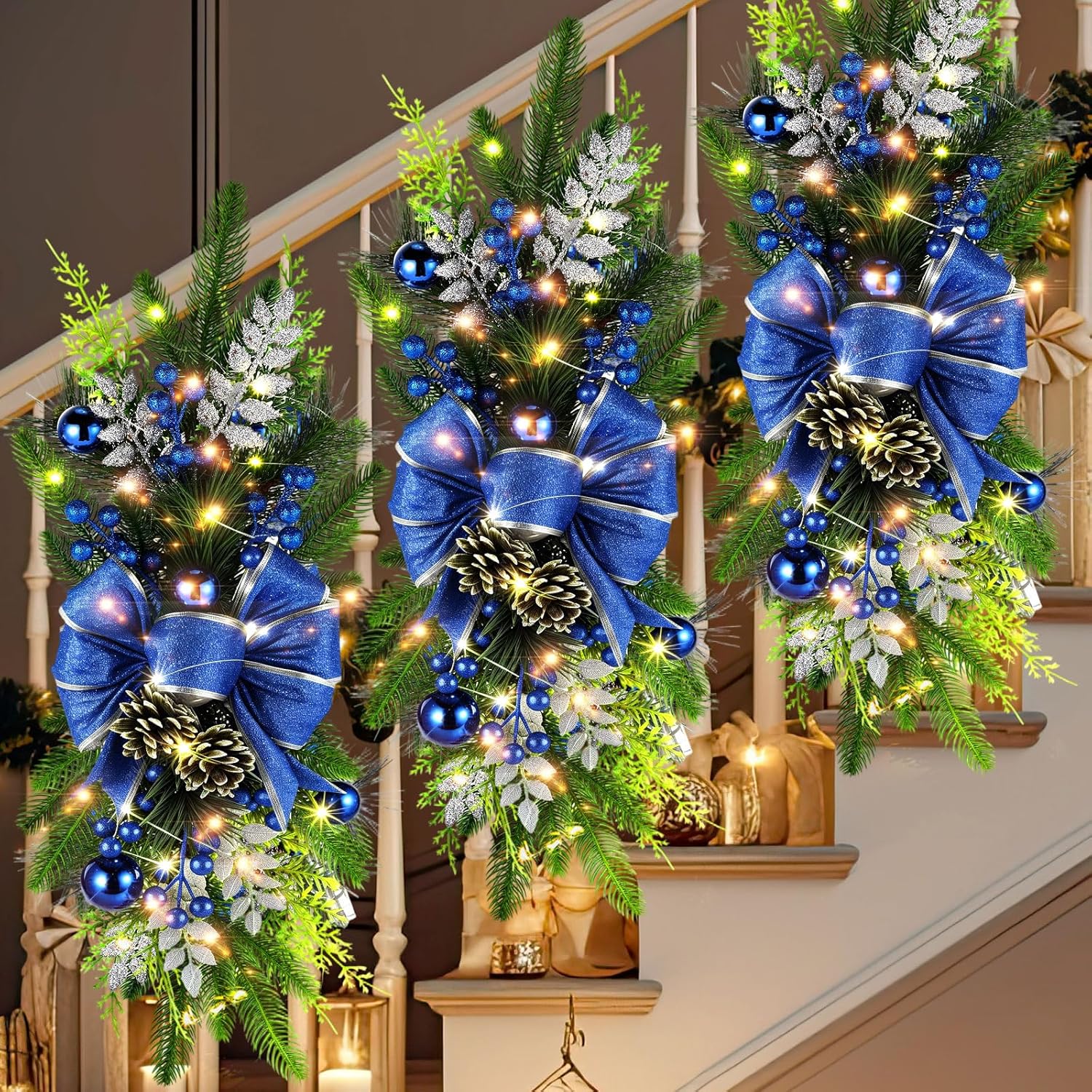 Lyrow 4 Pack Christmas Artificial Swags 24 Xmas The Cordless Prelit Stairway Swag Teardrop Trim Wreath Door Stair Garland Christmas Decoration for Outdoor Home Garden Decor(Blue,Novel Style)