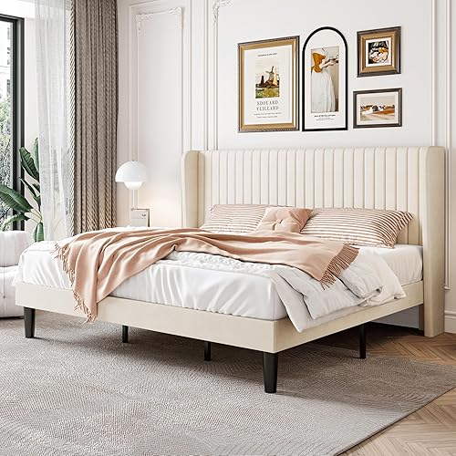 Miniatura 20 de SHA CERLIN Base de cama de terciopelo tamaño Queen con cabecera de respaldo alto con capitoné de canales verticales, cama de plataforma tapizada con