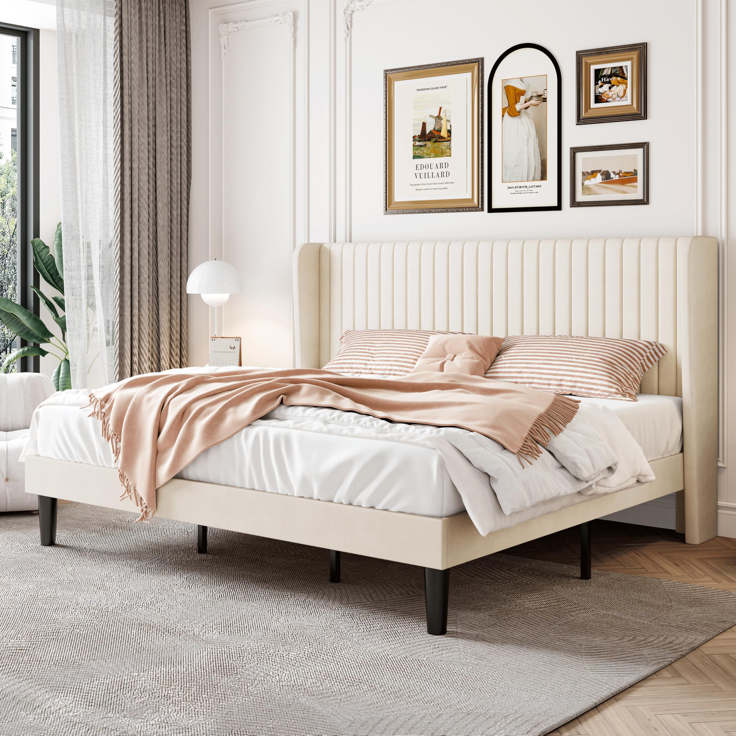 SHA CERLIN King Size Velvet Bed Frame with Vertical Channel Tufted Wingback Headboard Upholstered Platform Bed with Wood
