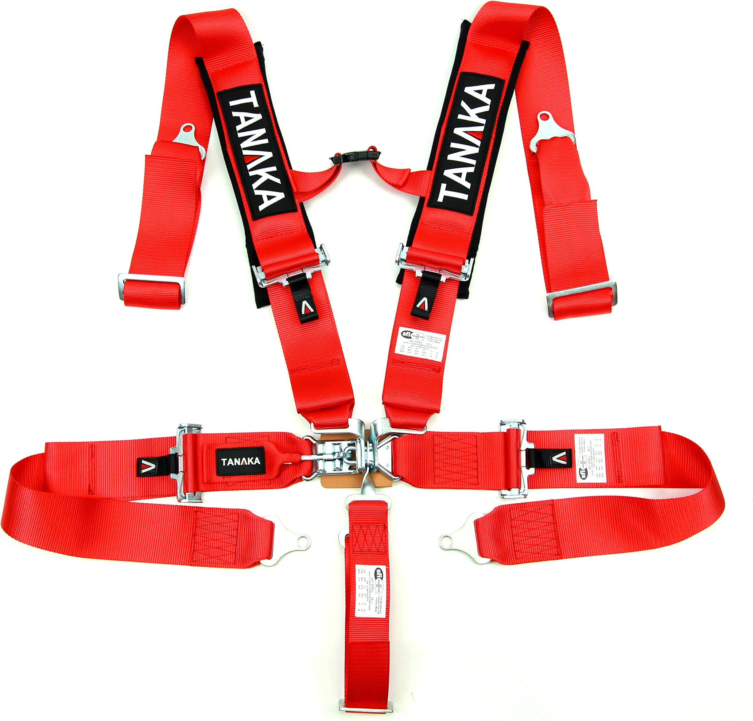 Tanaka SFI 16.1 Latch and Link 5-Point Safety Harness Set with Ultra Comfort Heavy Duty Shoulder Pads (for one seat) (Red)