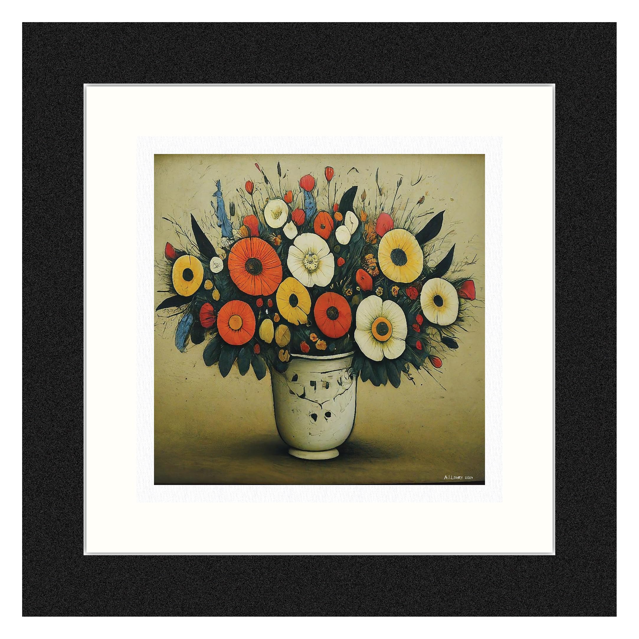 Greetingles Lowry-Style 12"/31cm Square Framed Print. Beautiful Black Ash Frame (Lowry, Bouquet Of Flowers) โ image 1