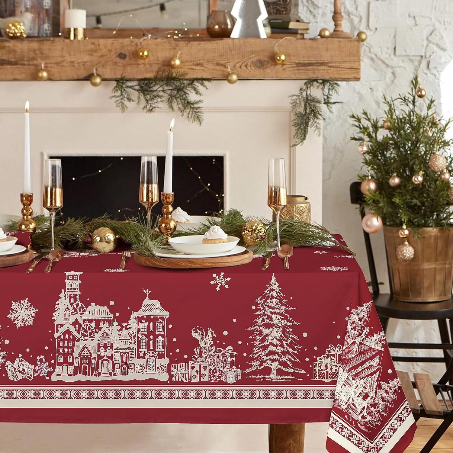 Rectangle Christmas Tablecloth 60x120 In,Christmas Tree Elk